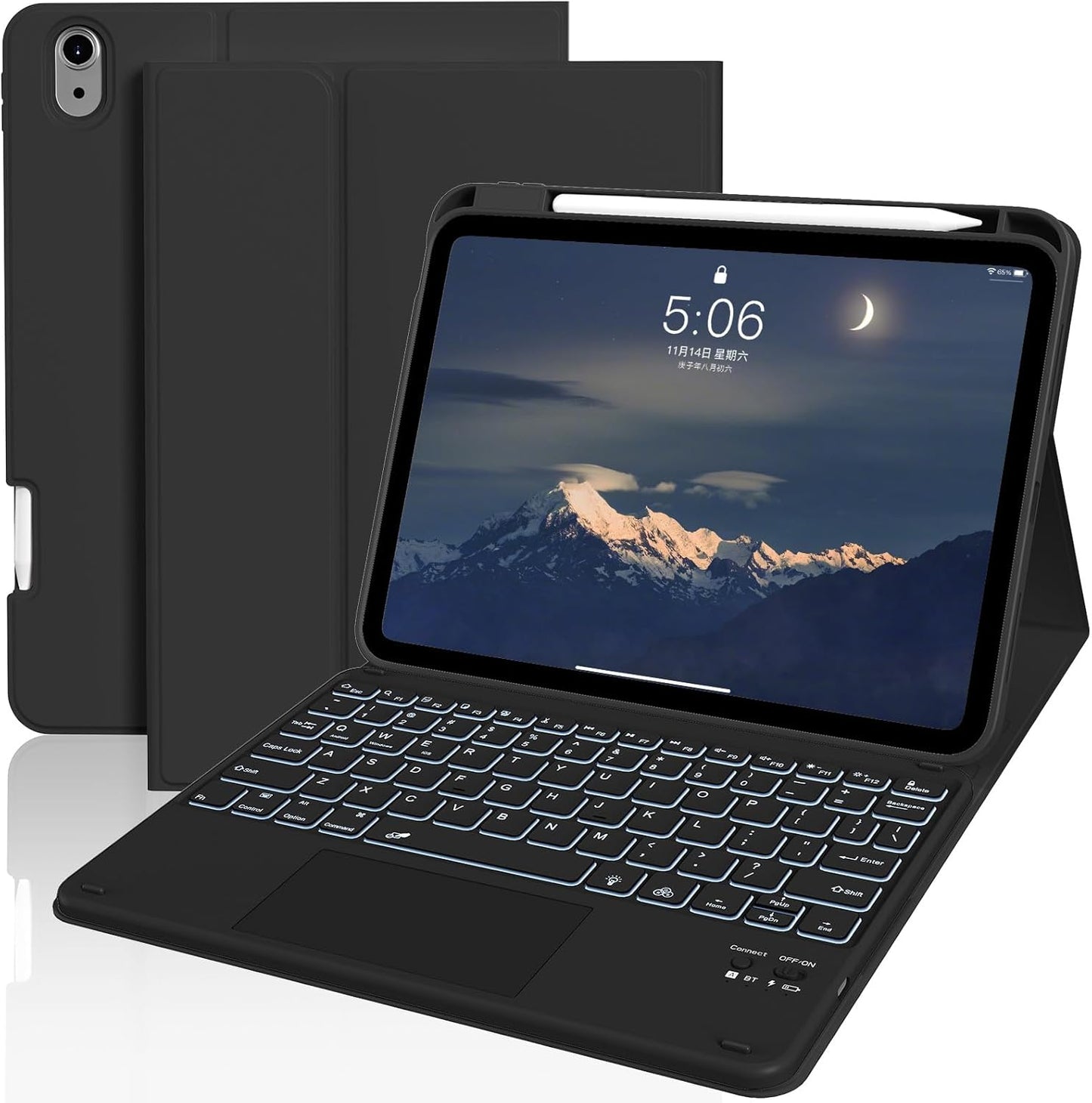 JKSML for iPad(A16) 11th/10th Generation Case with Keyboard (11/10.9 inch) 2025/2022, 7 Color Backlight Detachable Bluetooth Cover with Trackpad, Flip Stand Case Thin with Pencil Holder, Black