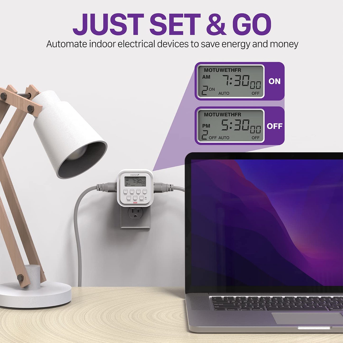 Fosmon 7 Day Digital Timers for Electrical Outlets, Indoor Plug-in Light Timers Switch Programmable, Electric Wall Plug for Lamp, Grow Reptile Lights, Aquarium, 15A/1875W, Grounded- 2 Pack