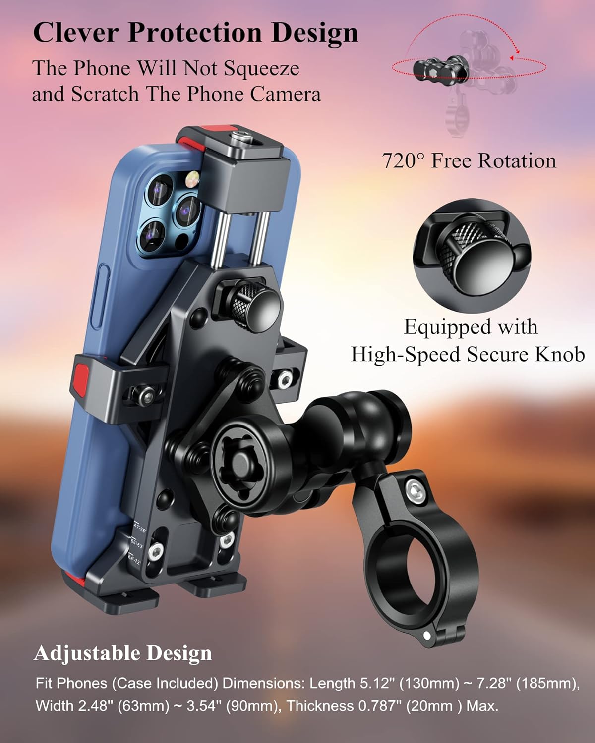 BRCOVAN Aluminum Alloy Motorcycle Phone Mount with Vibration Dampener & High-Speed Secure Lock, Anti-Theft Handlebar Cellphone Holder for Motorcycle Bike Bicycle Scooter ATV, for 4.7-7.2'' Smartphone