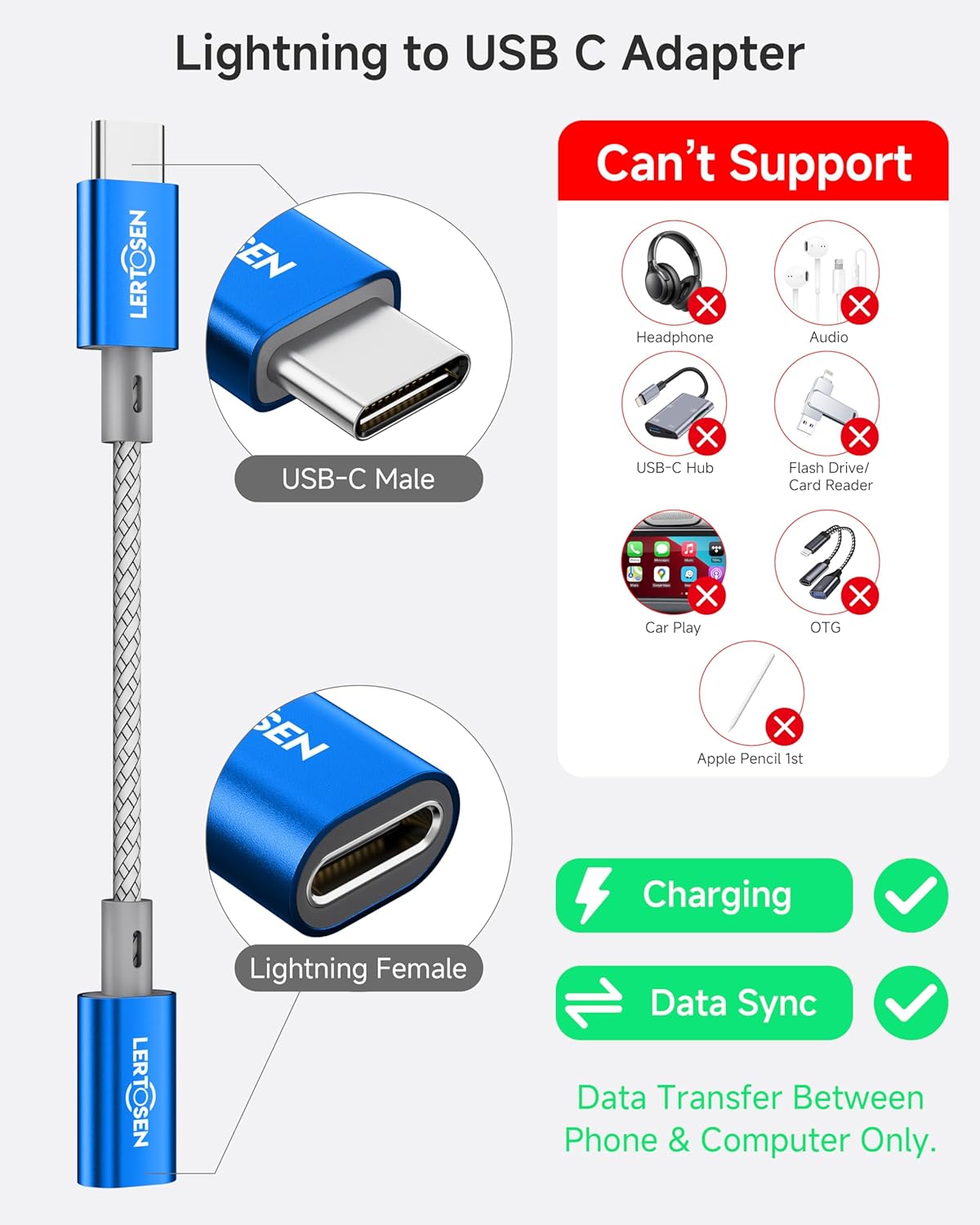 2 Pack Lightning to USB C Adapter,Lightning Female to USB C Male Cable Adapter Type C Charger Connector for iPhone 17 16 15 Pro Max Plus,Samsung S25/S24/S23,Fast Charging & Data Sync,Not for Audio/OTG