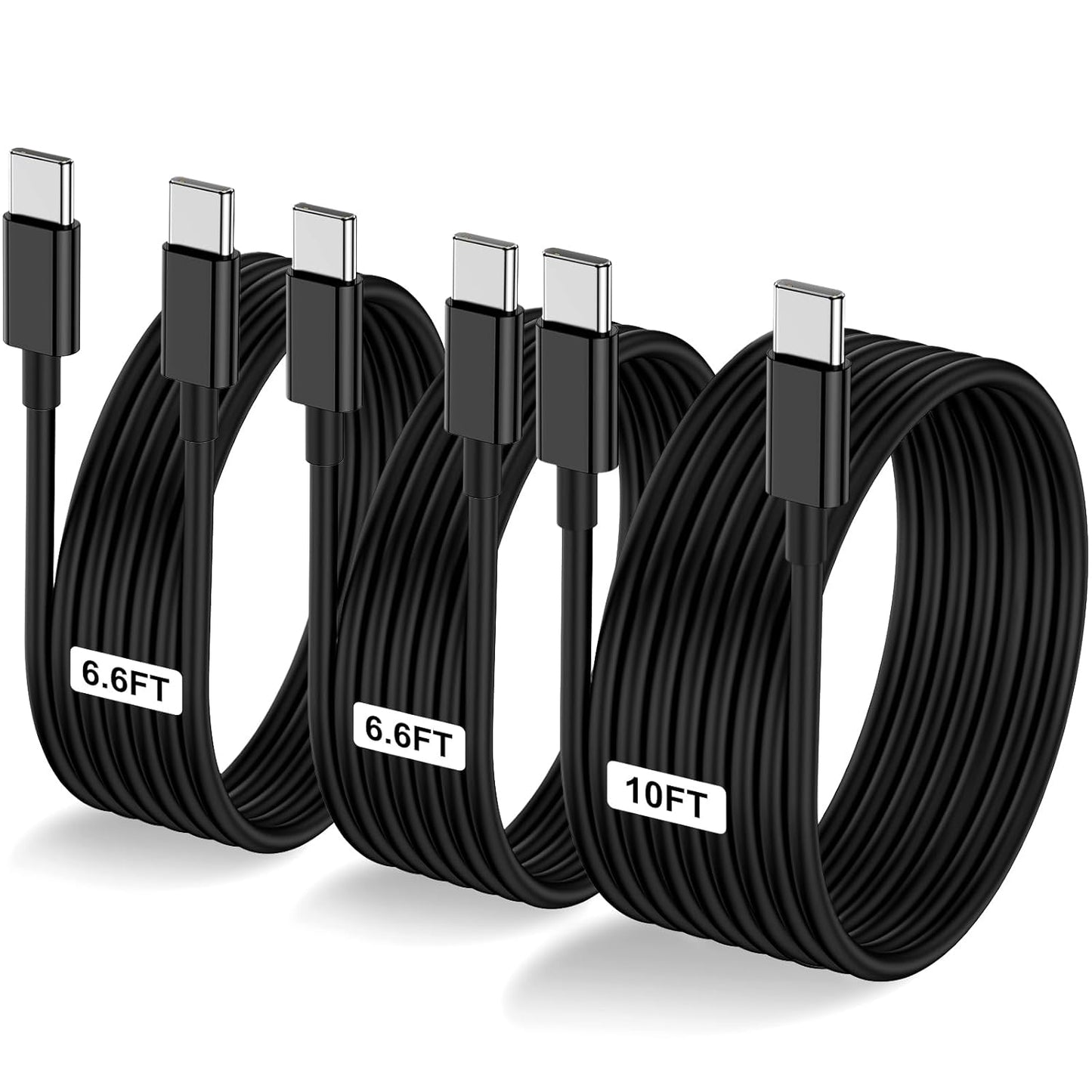 3-Pack Black [6.6FT+6.6FT+10FT] 60W USB C to USB C Cable, Type C Fast Charging Cable for iPhone 16 15 Pro Plus Pro Max，for Galaxy S24 S23, for iPad Pro/Air, for MacBook Pro/Air and More