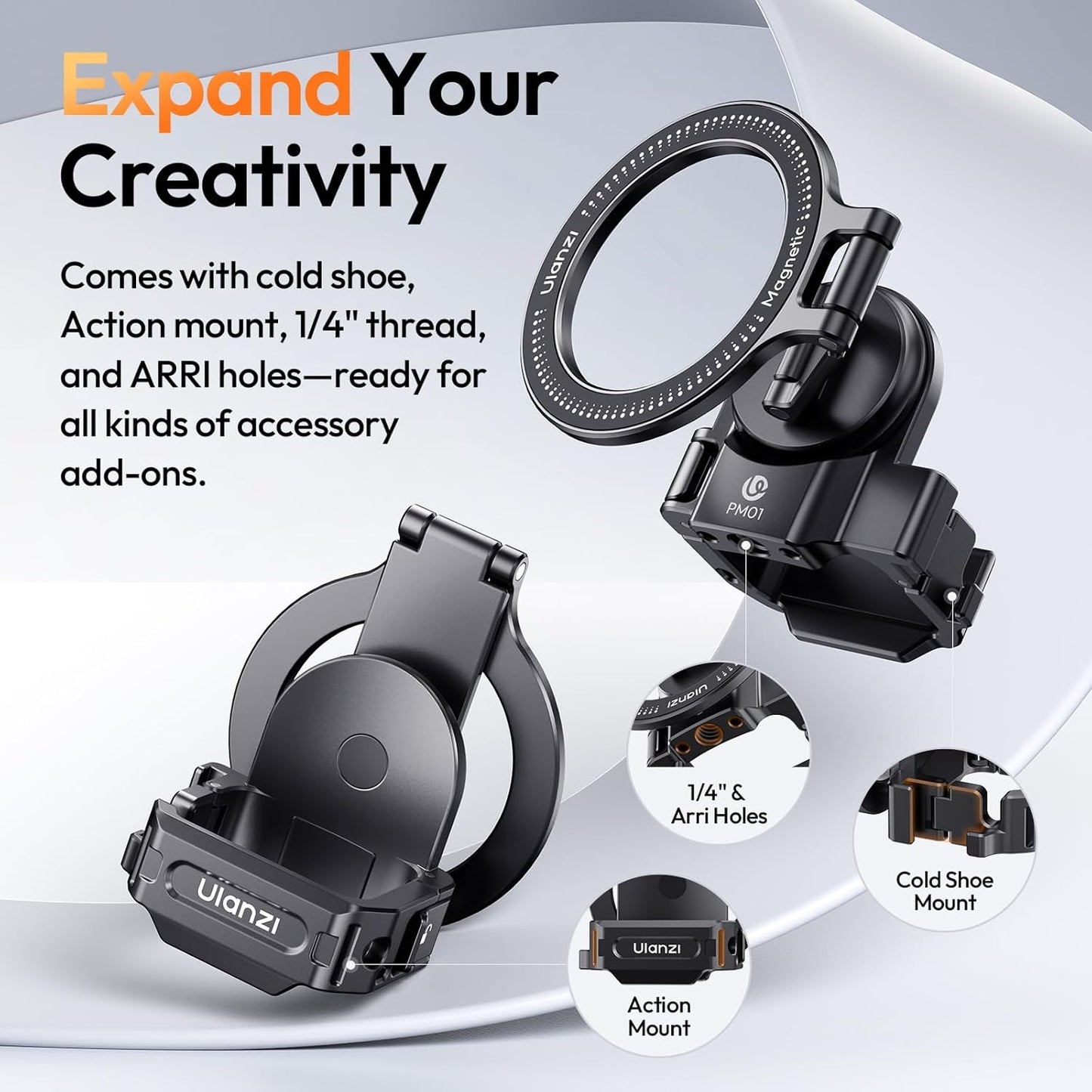 ULANZI PM01 Magnetic Mount Stand Compatible with DJI OSMO Pocket 3, Aluminium Expansion Camera Holder with Cold Shoe and 1/4'' Mount, 181/270/360° Adjustment Magnetic Adapter Pocket 3 Accessories