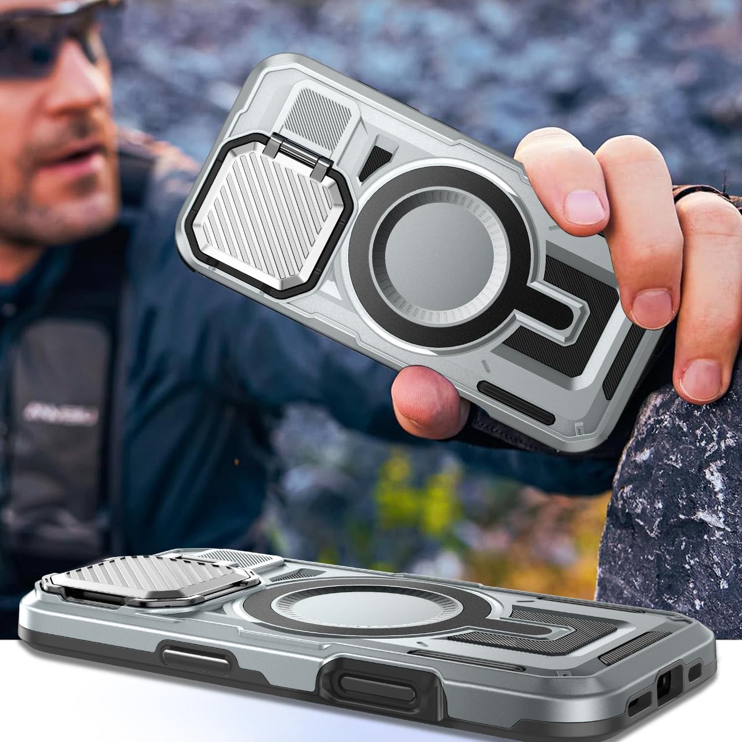 Camera Stand Case for iPhone 16 Plus, [Compatible with Mag Safe] [Lens Cover] 2024 Version Military Grade Protective Soft Case for iPhone 16 Plus 6.7 inch Men Women,Grey