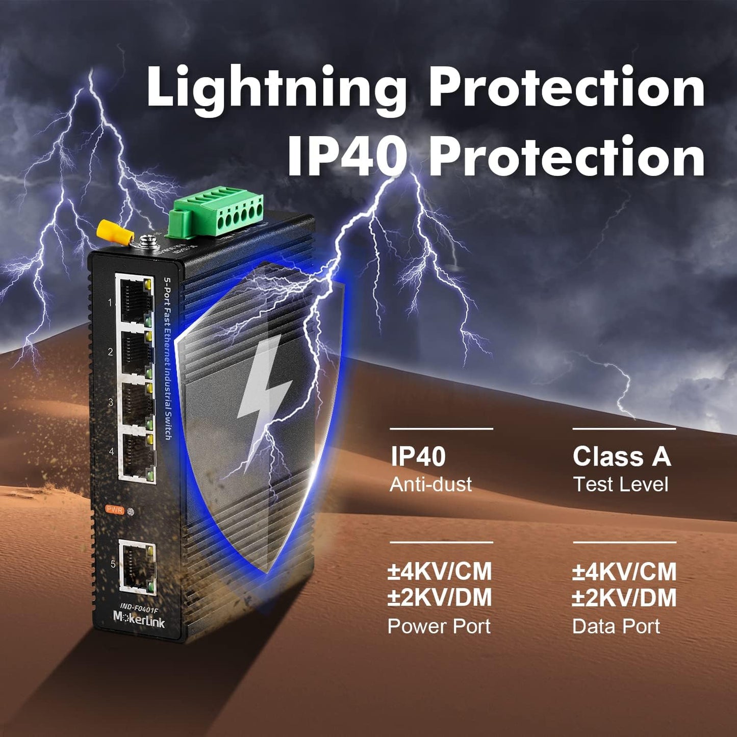 MokerLink 5 Port Industrial DIN-Rail Network Switch, 10/100Mbps Fast Ethernet, IP40 Rated Network Switch (-40 to 185°F), with UL Power Supply