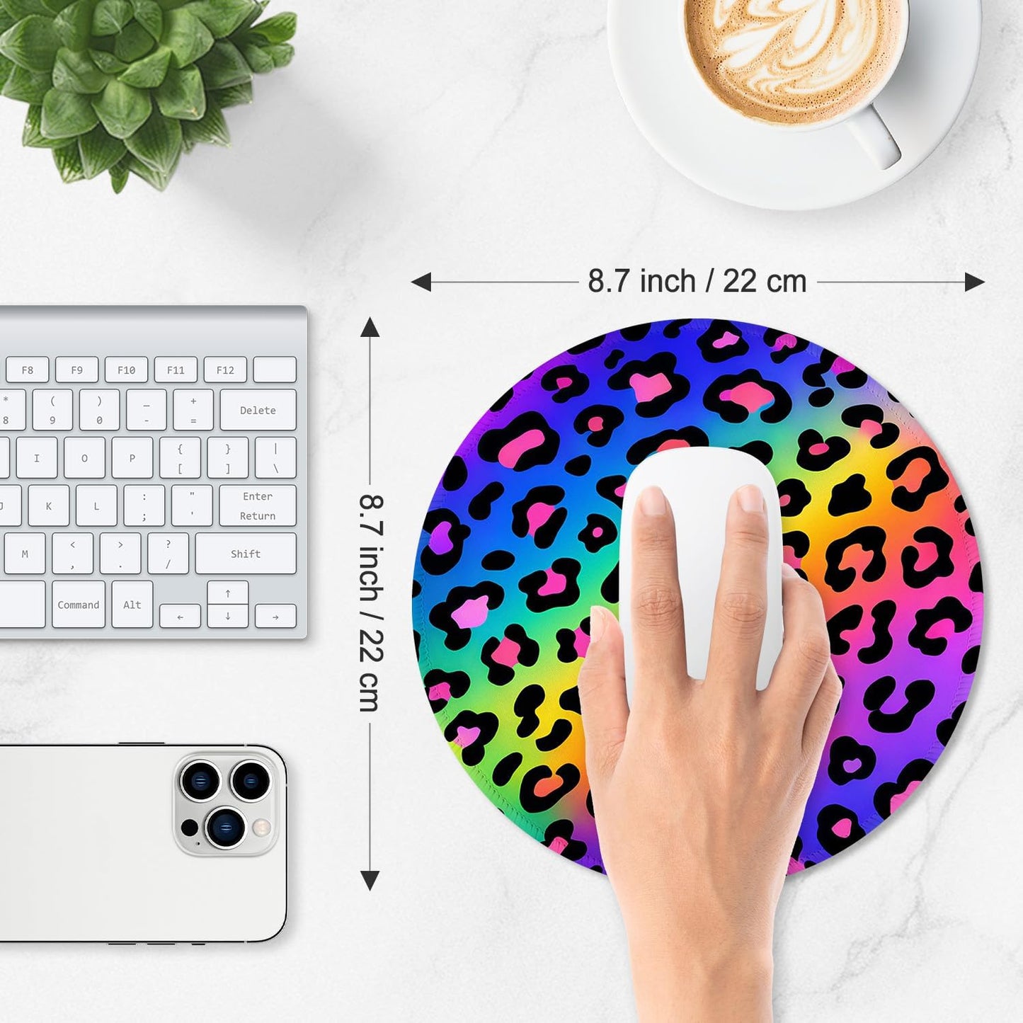 ITNRSIIET Mouse Pad Non-Slip Rubber Base Smooth Surface Stitched Edges Waterproof Durable Compatible with All Mice for Office & Gaming, Desk Accessory, Diameter 8.7 inch, RainbowLeopard