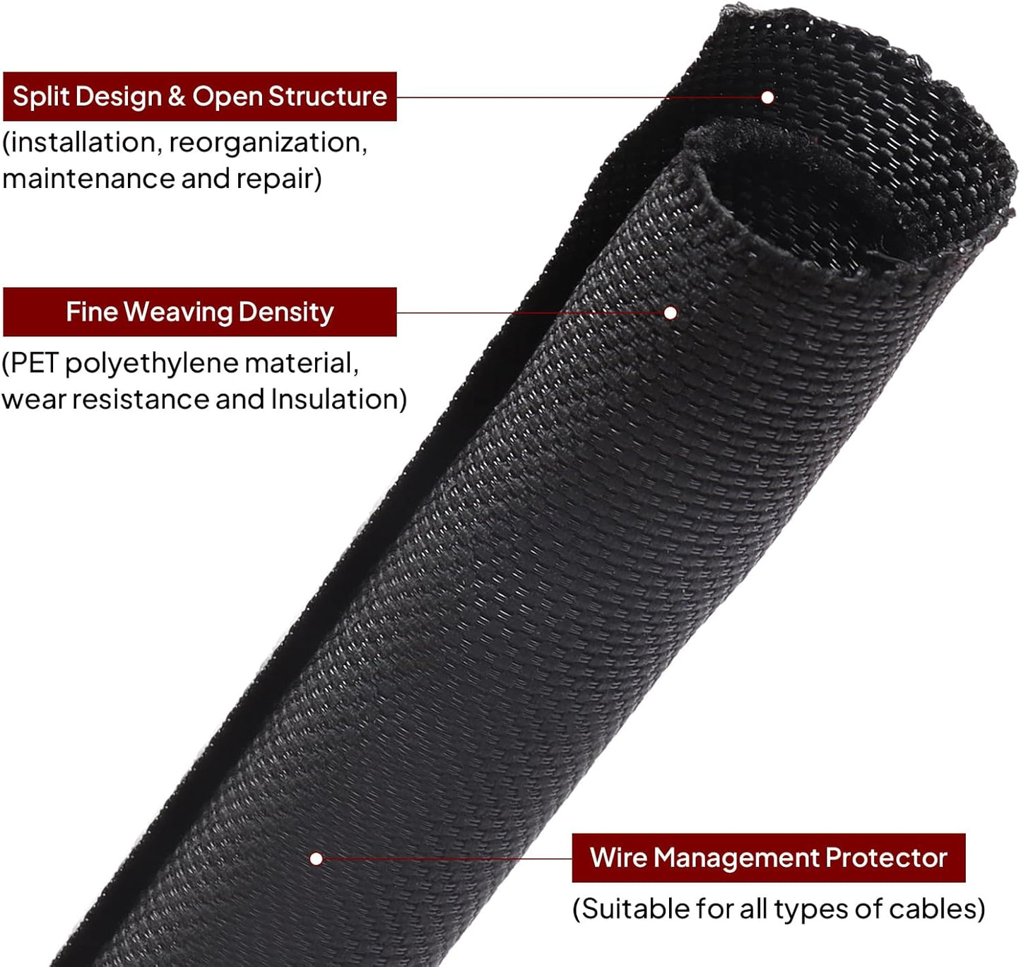 Black Braided Cable Management Sleeves Wire Loom Tubing Cord Protector Self-Wrapping (3/4"-20feet)