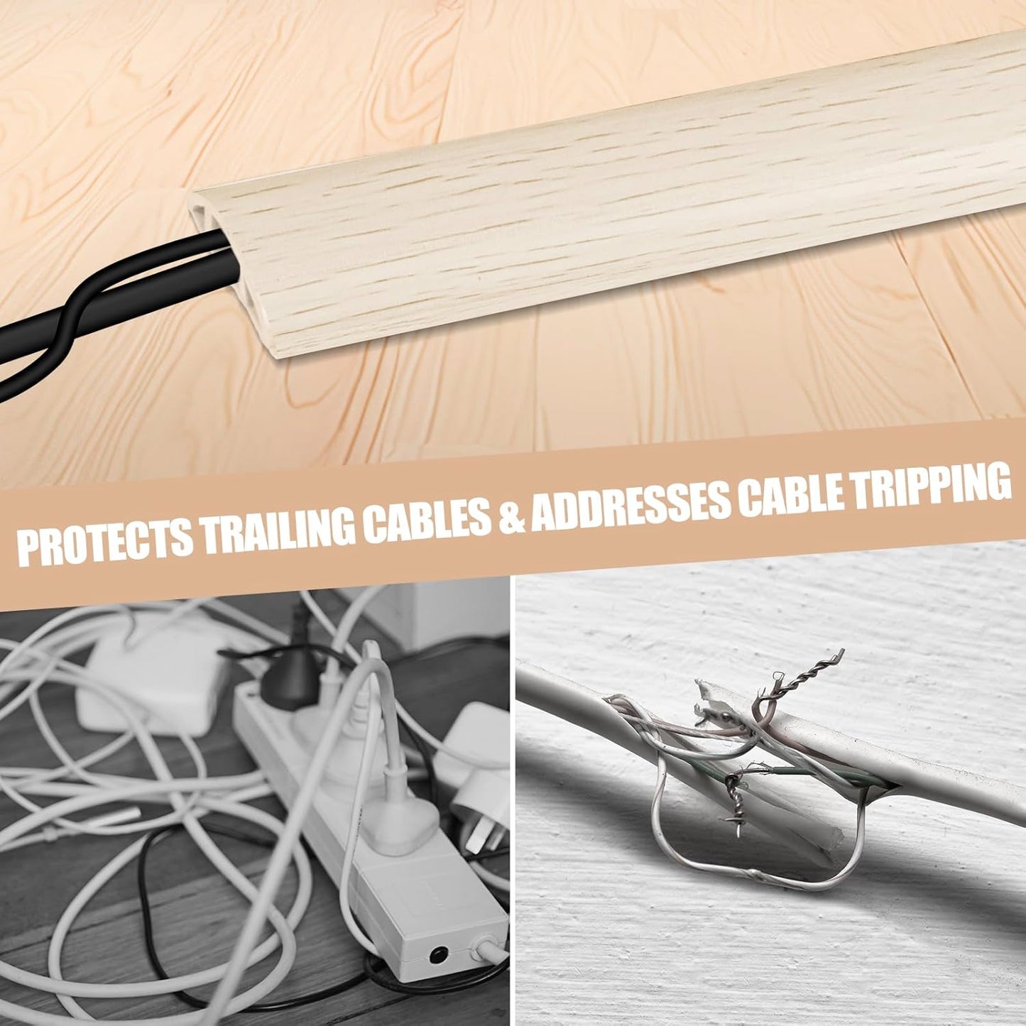 Floor Cord Cover Cavity 0.8"x0.37" Self Adhesive Cord Hider, 10FT Low Profile Cable Management, Extension Strip Protector for Wires, Prevent Cable Trips for Offices, Gyms, Exhibitions (Yellow Wood