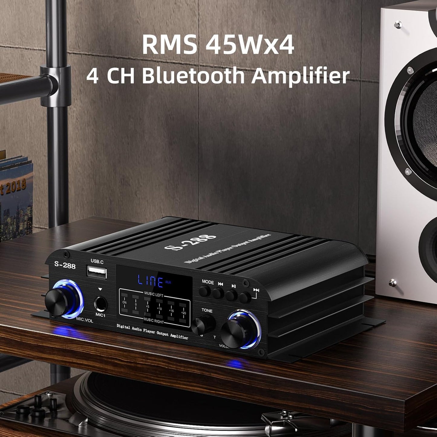 Facmogu S-288 4 CH Bluetooth 5.0 Home Audio Amplifier, RMS 45Wx4, Max 600W HiFi Stereo Power Amplifier USB, SD, FM Class D Speaker Amp for Home Theater Karaoke, with Power Adapter & Remote Control