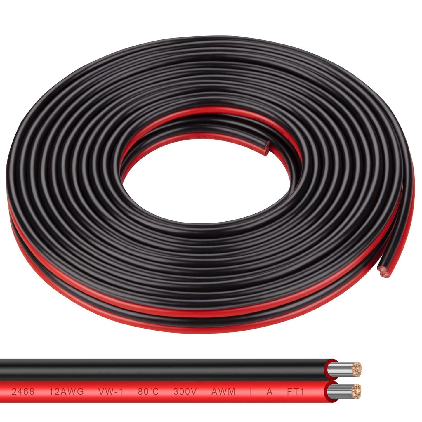 12AWG 2 Conductor Parallel Tinned Copper Wire - 20FT, Black, PVC Insulated, Solar Panel, LED, Automotive, RV, Inverter Compatible