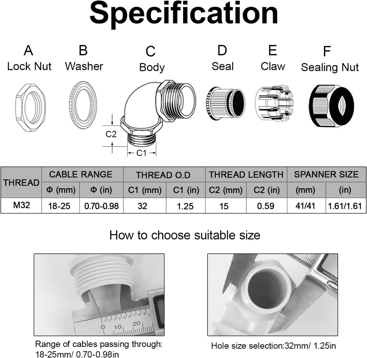 LeMotech M32 Cable Gland, 90 Degree Adjustable 18-25mm Strain Relief, Cord Connectors Nylon Joints with Gaskets, 2 Pcs, Grey
