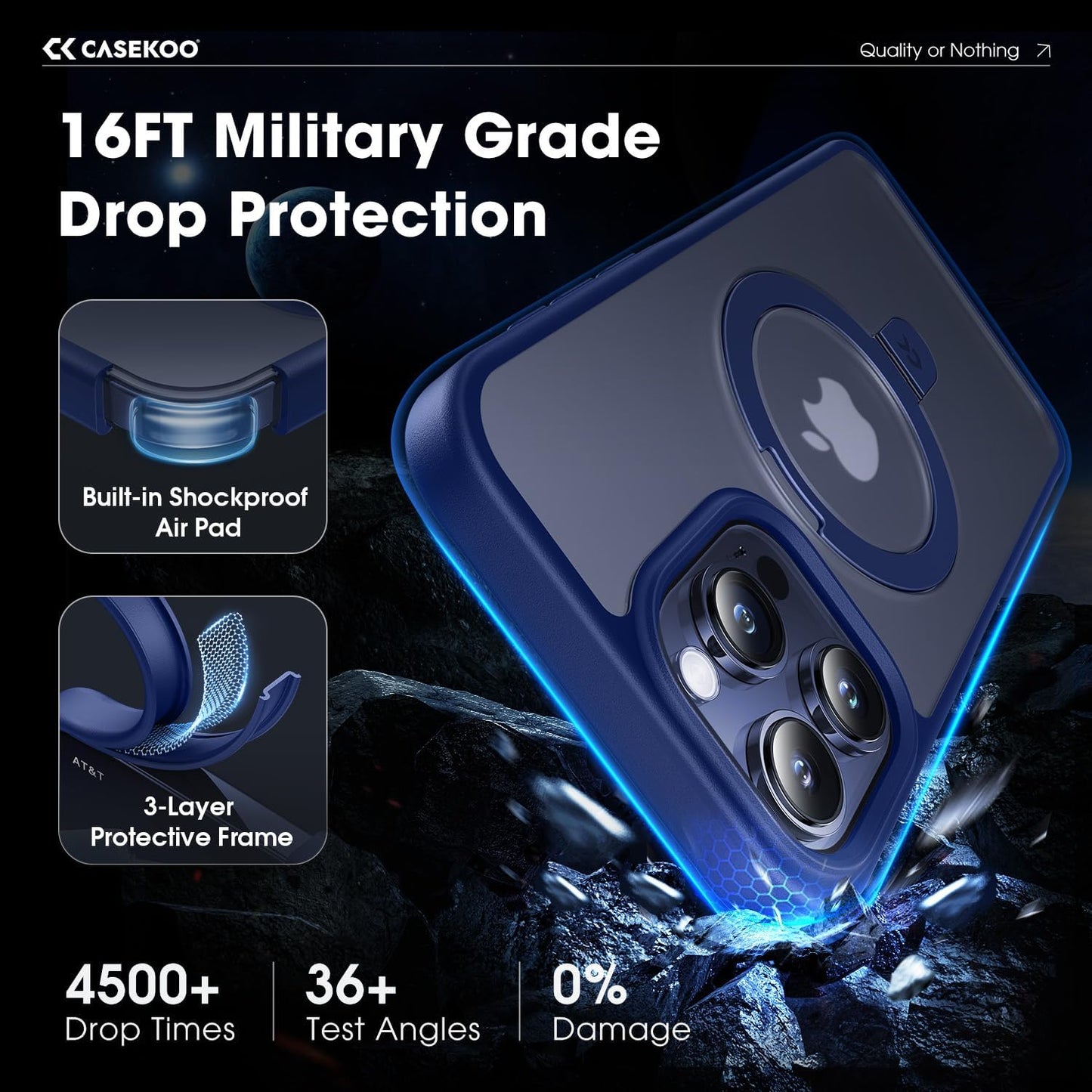 CASEKOO Designed for iPhone 15 Pro Max Case with Magnetic Invisible Stand [Military Drop Protection] [Compatible with MagSafe] Shockproof Slim Translucent Matte Promax Case 6.7 Inch, Blue