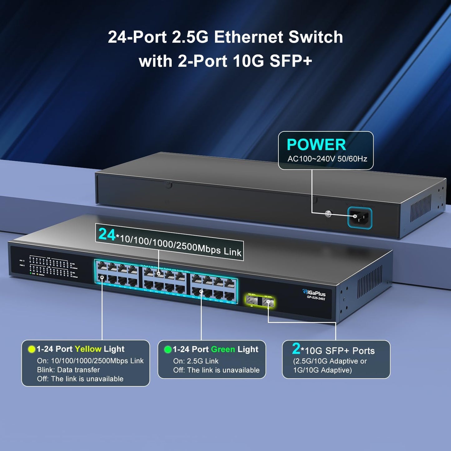 26 Port 2.5Gb Unmanaged Ethernet Switch with 24* 2.5G Base-T Ports, 2* 10G SFP+ Ports. GiGaPlus 2.5Gbps Network Switch for 2.5Gbps NAS/PC, WiFi6 Router, Wireless AP. Fanless Design, Plug and Play