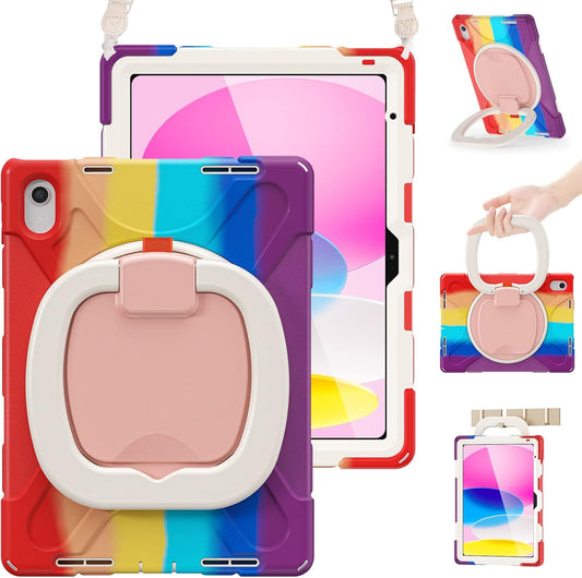 BRAECN Case for iPad (A16) 11th/10th Generation 11”/10.9'' 2025/2022-Heavy Duty Silicone Cover with Pencil Holder/Swivel Ring Stand/Screen Protector/Handle Grip/Kickstand/Shoulder Strap, Colorful Red