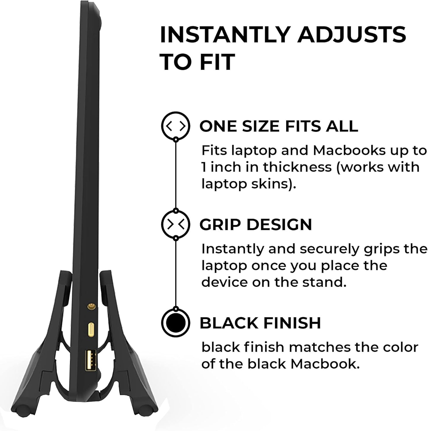 HumanCentric Vertical Laptop Stand for Desks in Matte Black, Upright Adjustable Holder to Dock Apple MacBook, MacBook Pro, and Other Laptops to Organize Work & Home Office, Automatic Grip