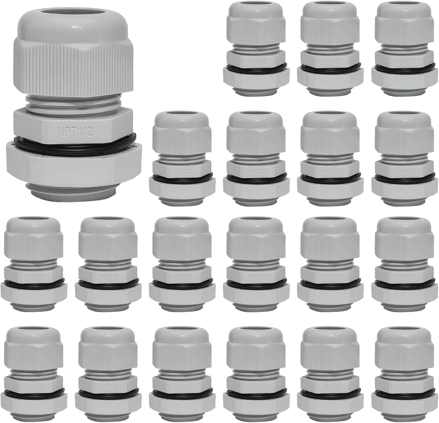 20 Pcs 1/2" NPT Nylon Cable Glands, IP68 Waterproof Adjustable Cord Grip Cable Connector Strain Relief Wire Protectors for 6-12mm Cable Diameter, Grey