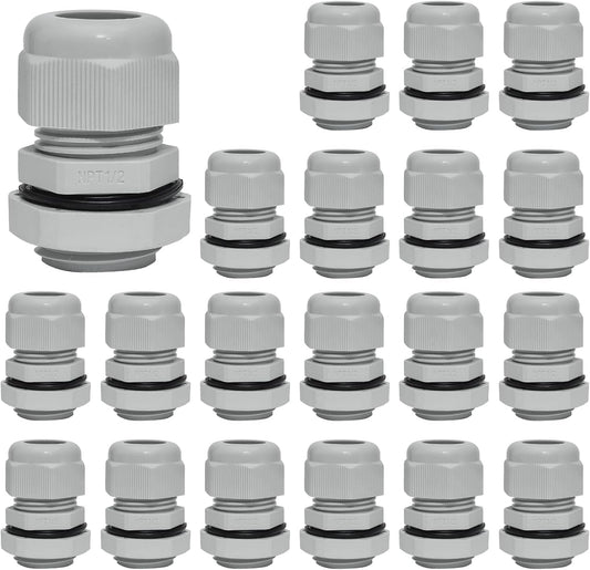 20 Pcs 1/2" NPT Nylon Cable Glands, IP68 Waterproof Adjustable Cord Grip Cable Connector Strain Relief Wire Protectors for 6-12mm Cable Diameter, Grey