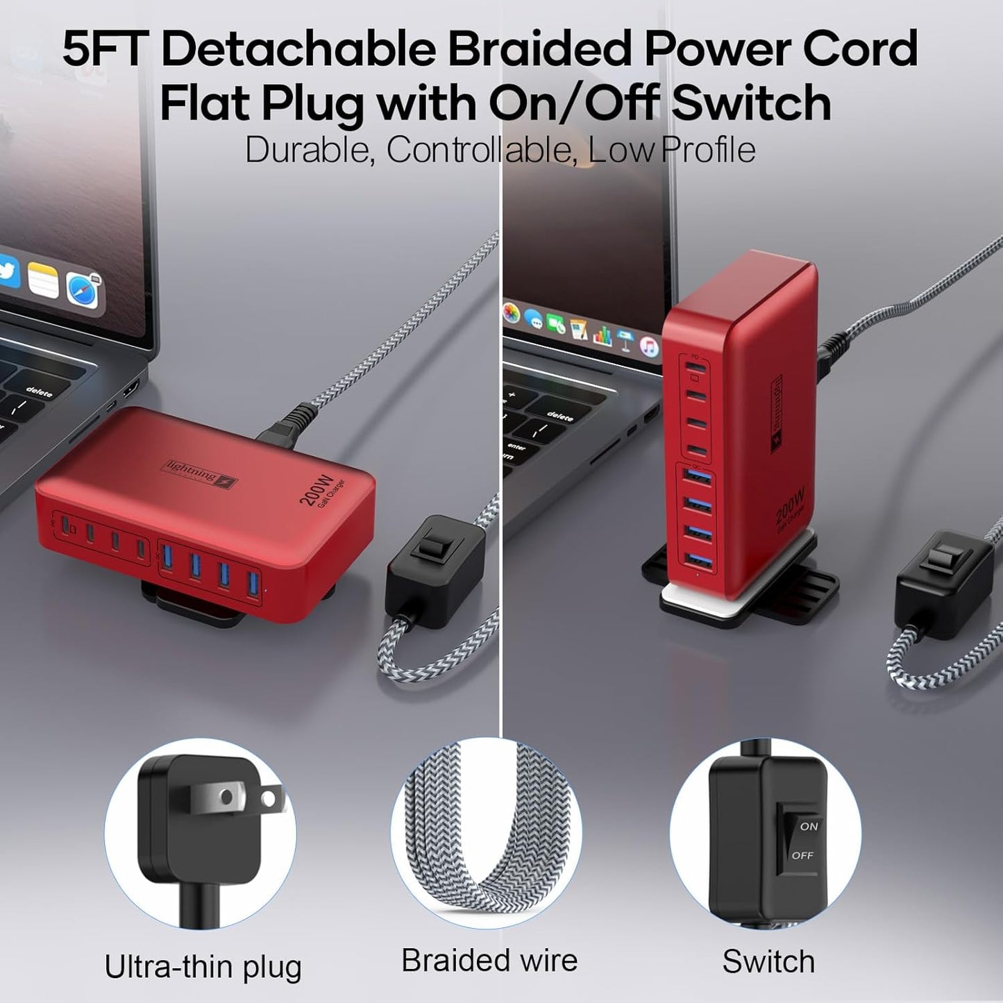 8-Port USB Charger Block 200W with Flat Plug, Braided Power Cord, and On/Off Switch- USB Charging Hub for iPhone, iPad, MacBook and More- 65W C Port Power Adapter for Laptops