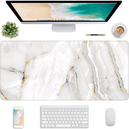 Extended Gaming Mouse Pad, XXL Large Desk Pad 30 x 14 Inch, Big Computer Keyboard Mousepad, Waterproof Mouse Mat with Stitched Edges and Non-Slip Base for Women Office Gaming, White Marble