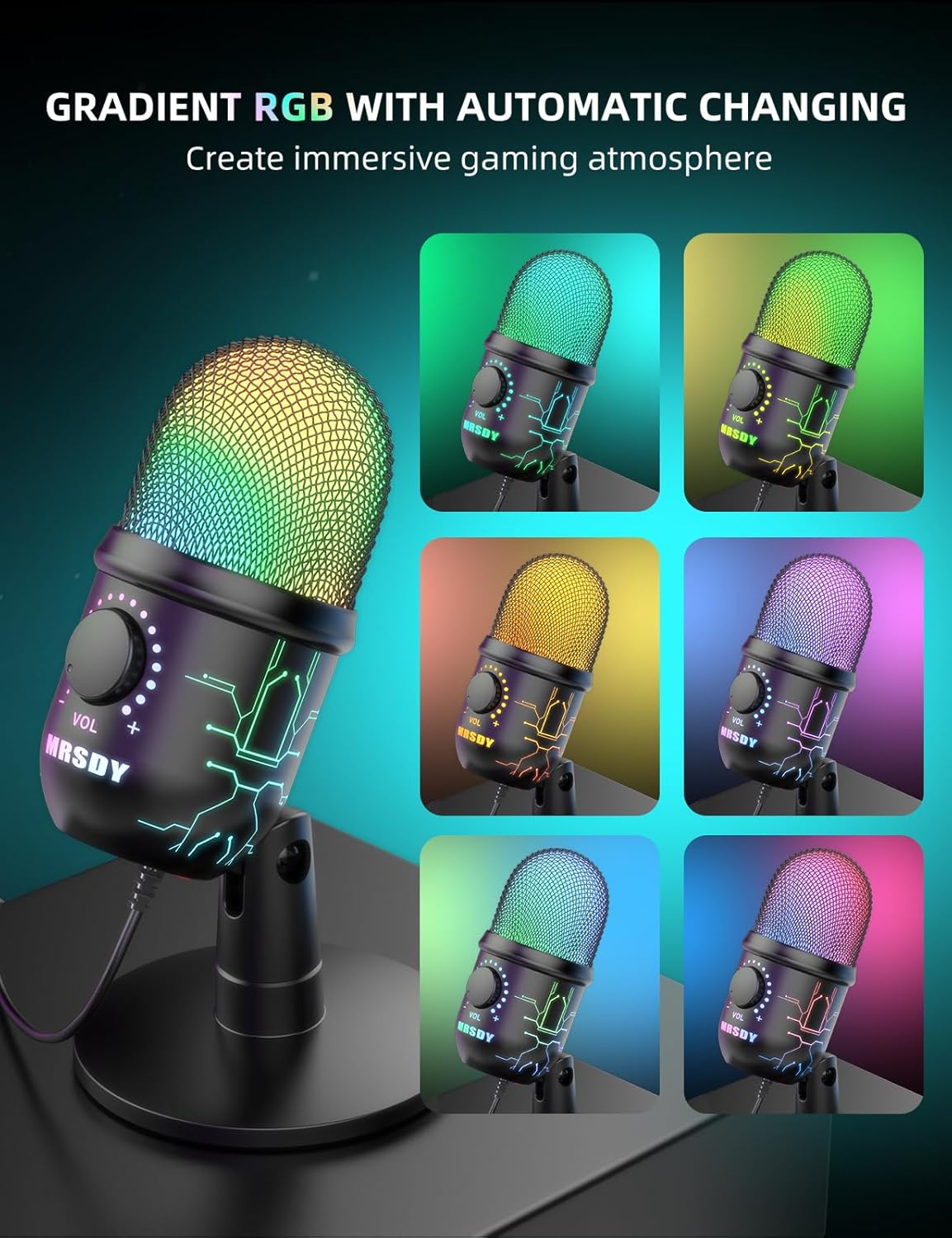 Gaming Microphone, USB Computer Microphone for PC, Mac, PS4/5, Condenser Podcast Mic for Studio Recording, YouTube, Streaming, with Headphone Jack, Led Light, Mute, Gain, Noise Cancellation