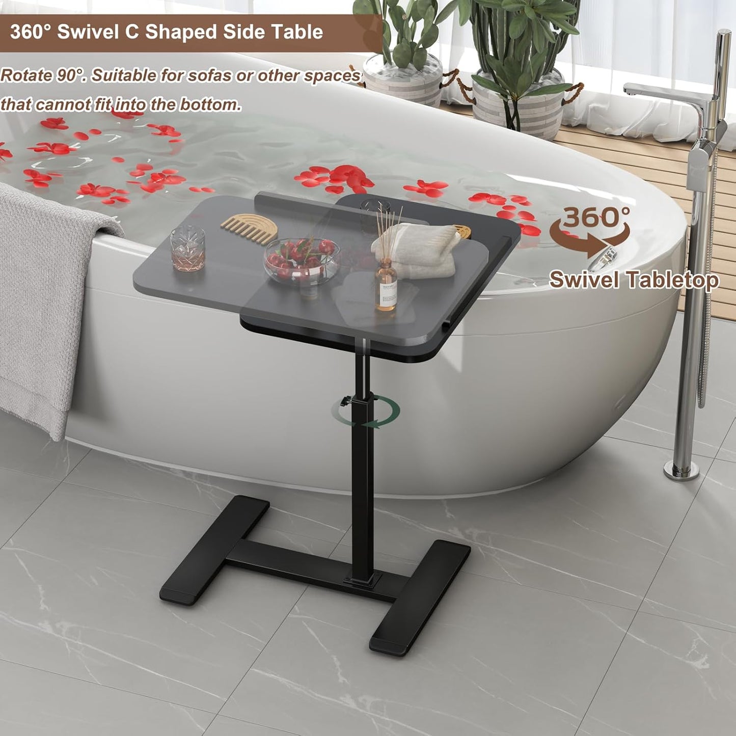 Adjustable Height C Shaped Side Table,360°Swivel Overbed Table,Top Tilting Laptop Stand Table with Hidden Wheels,Mobile Couch End Tables that Slide under,Rolling TV Coffee Table for Sofa/Bed(black)