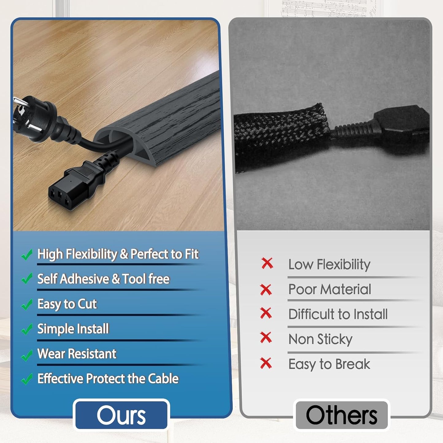 Floor Cord Cover for Wires on Floor Self Adhesive Cord Hider Floor Cable Management Wire Covers for Cords Protector Prevent Cable Trips Cord Cavity W 0.47" x H 0.27", Deep Gray Wood, 10Ft