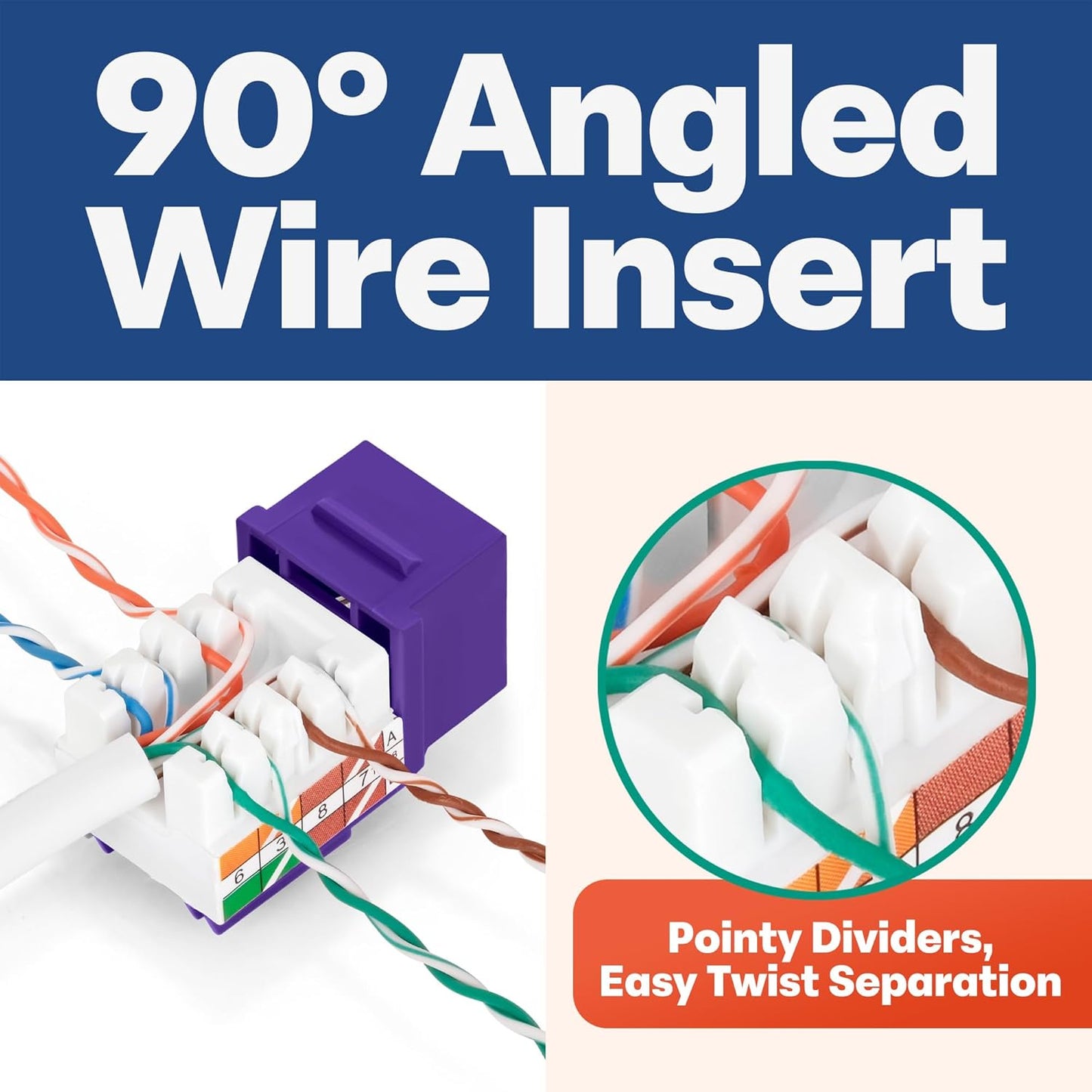 Everest 90° Angled RJ45 Cat5e Keystone Jacks 50-Pack in Purple - Slim Profile Female RJ45 Connectors - Cat 5e Keystone Jack - Compatible with 90° Angled Speed Termination Tool - easyJACK (B094WB91H3)