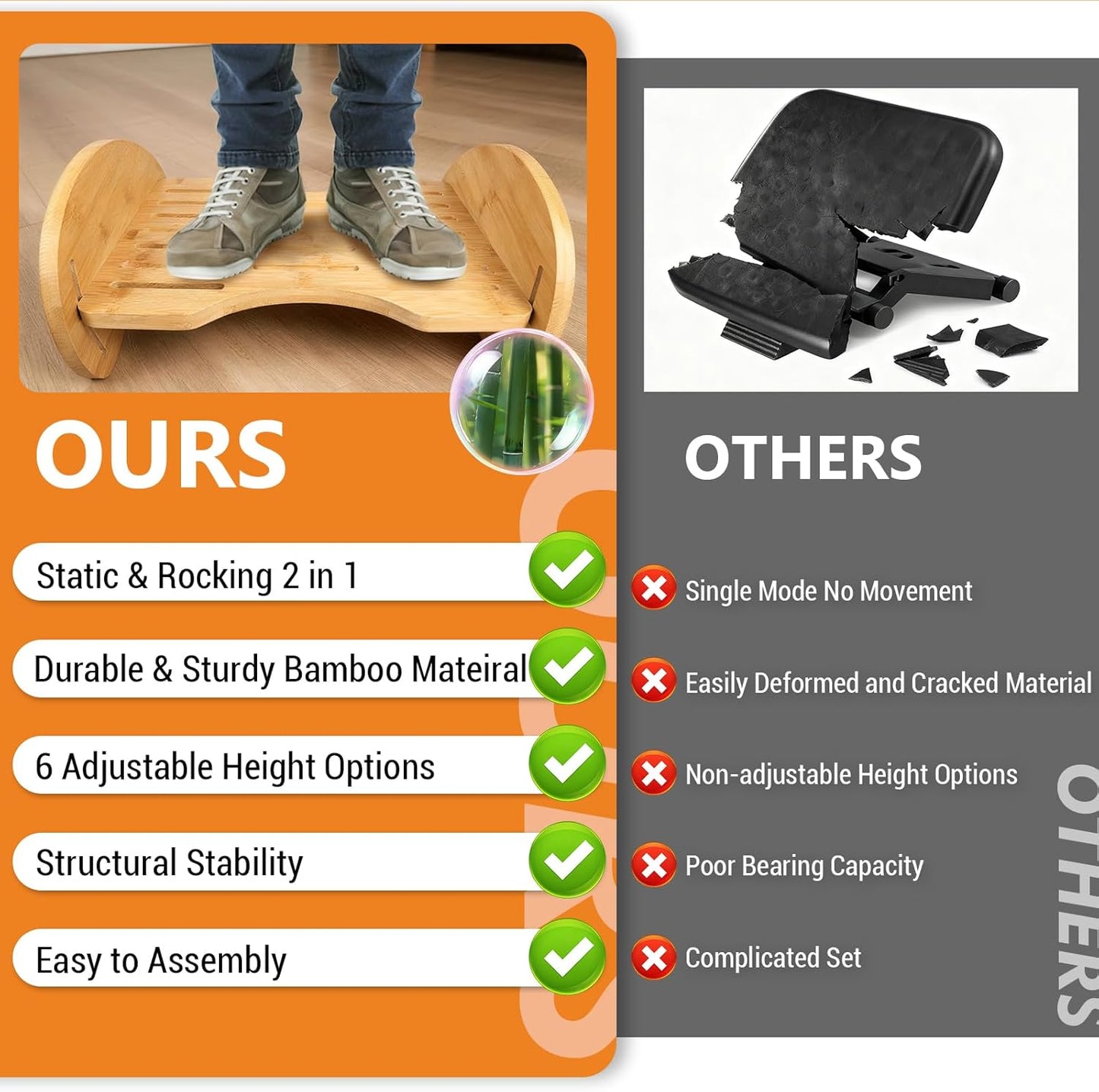 Bamboo Foot Rest for Under Desk at Work - Reversible Rocking Desk Footrest 2-in-1 with 6 Adjustable Heights, Ergonomic Foot Rest Under Desk with Anti-Slip Surface for Home, Office and Gaming