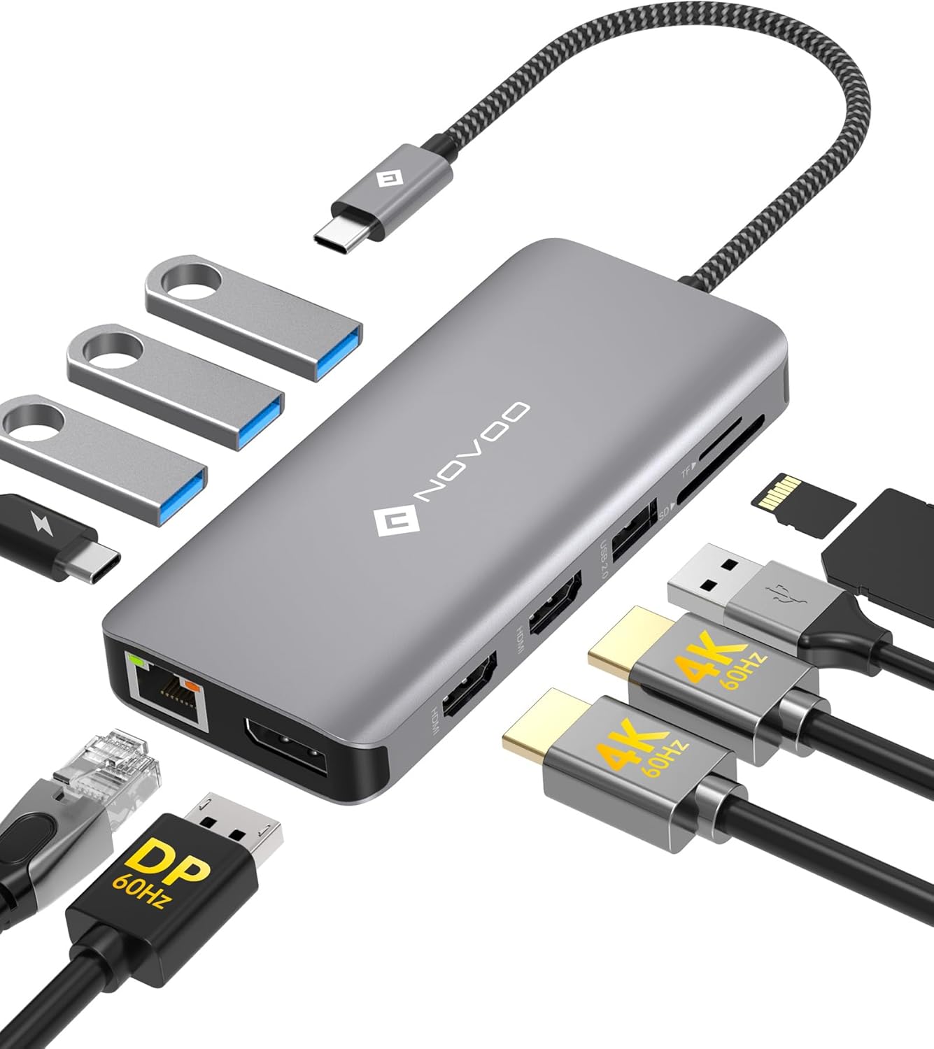 USB C Docking Station, NOVOO Triple Display Type C Hub Dual Monitor HDMI 4K@60Hz DP Multiport Adapter 4USB Ethernet SD/TF 100W PD Dongle Data for Dell/Surface/HP/Lenovo Thinkpad Laptop