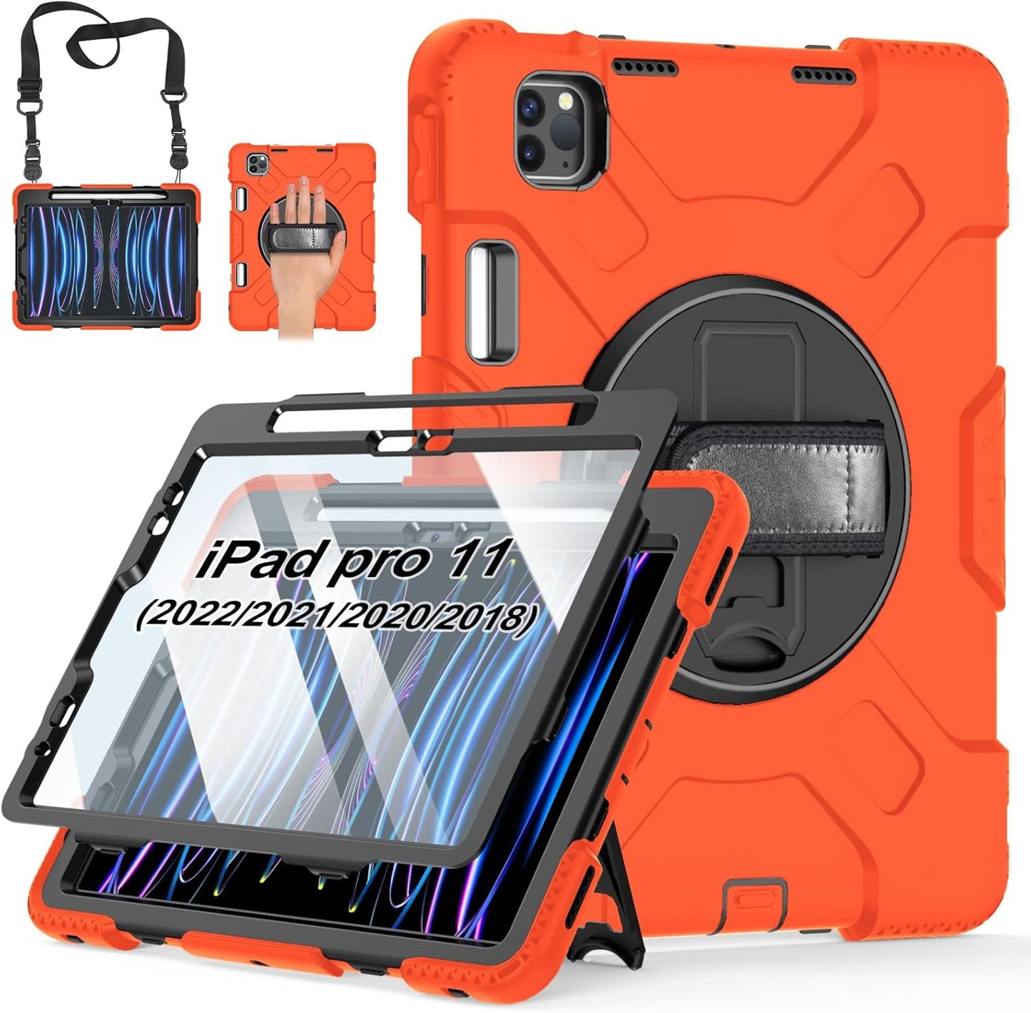 Case for iPad Pro 11 Inch 2022/2021/ 2020/2018: Silicone Cover for iPad 11 Inch 4th/ 3rd/ 2nd/ 1st/ Generation with Screen Protector- Stand- Handle- Shoulder Strap- Pencil Holder-Orange
