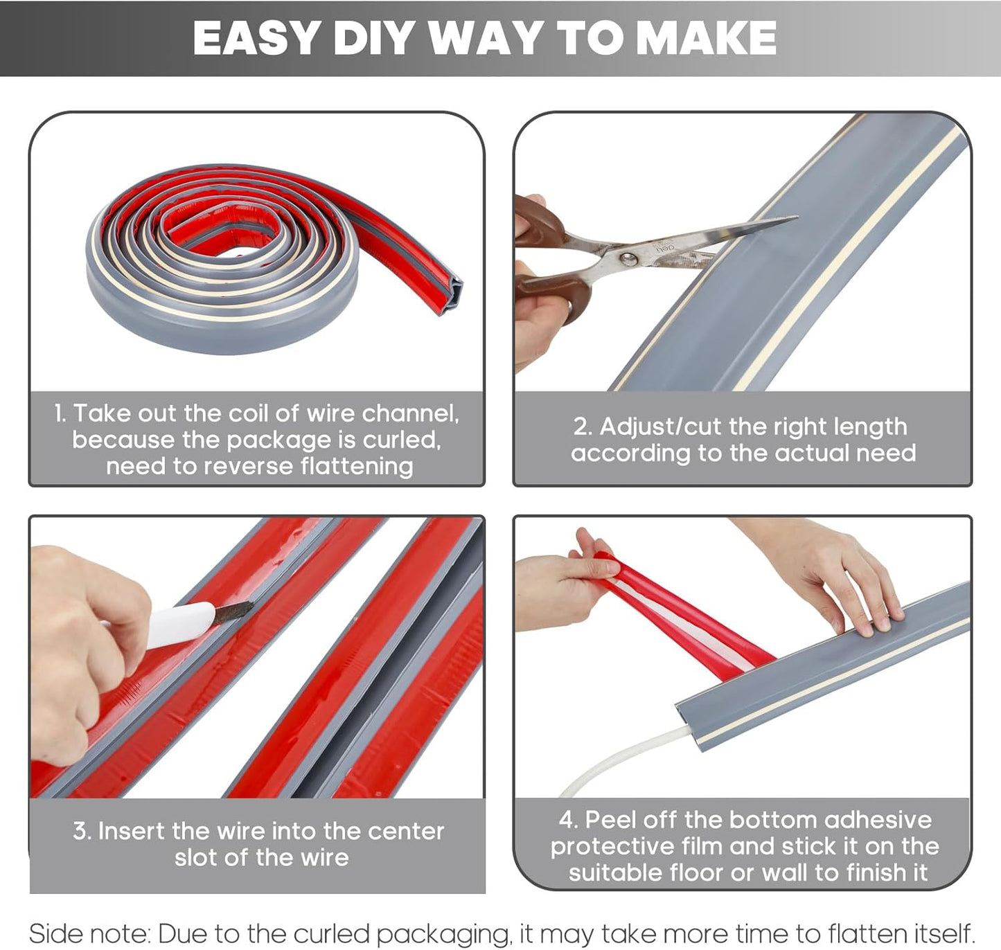 10ft Large Grey Floor Cord Cover, Self-2" (W) x 0.6"(H), Cable Cavity:0.8"(W) x 0.4"(H), Adhesive Power Cable Protector, Silicone Cord Protector, Cord Management, Cord Concealer and Cable Hider