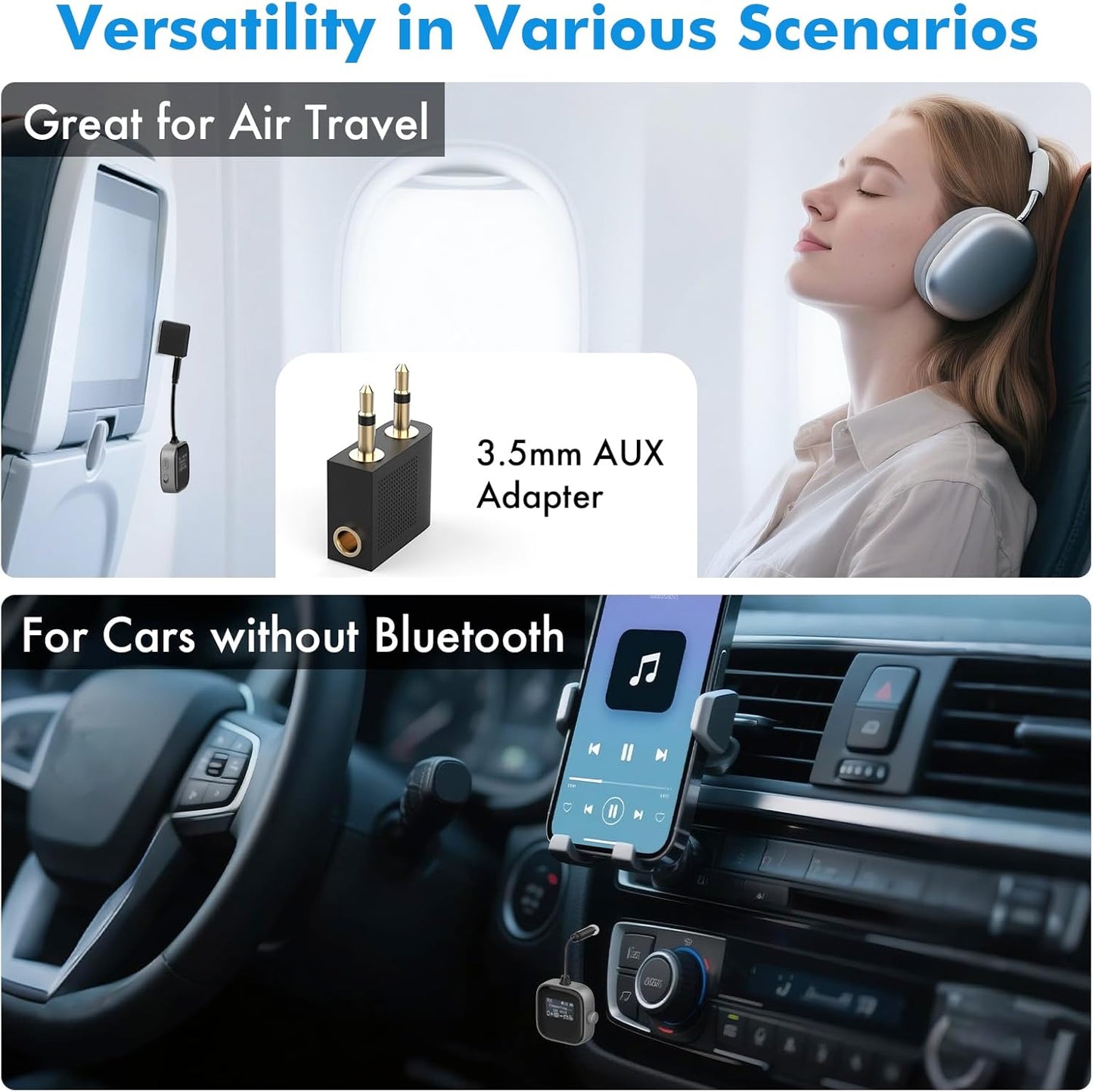 Airplane Bluetooth Transmitter Receiver for 2 Compatible w/AirPods Wireless Headphones, HD Display Low Latency 3.5mm AUX Jack 5.3 Bluetooth Audio Adapter for TV, Flying, Car, Gym, Stereo