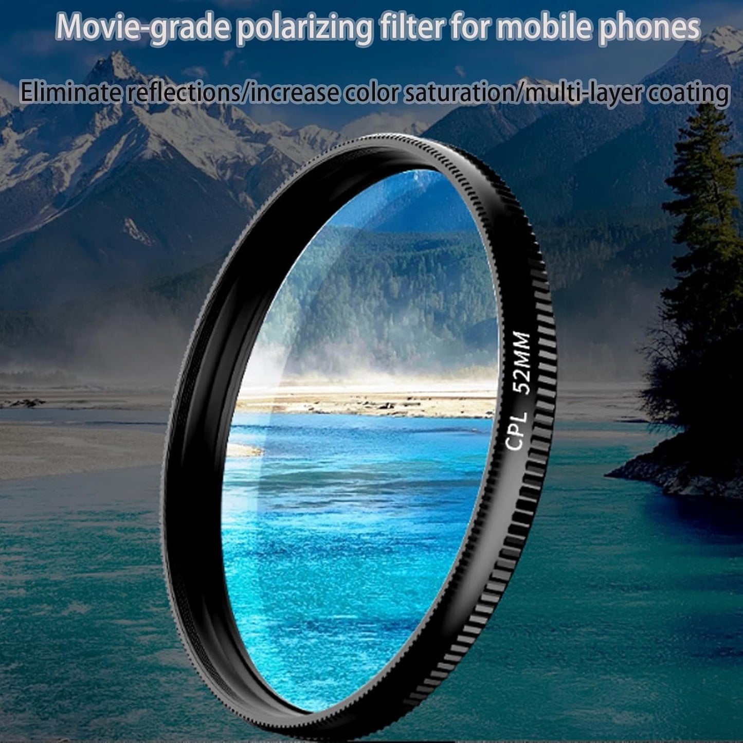 52mm Clip-On Cpl Phone Camera Lens Filter Kit, Circular Polarizer Polarizing Filter Compatible with Most Cell Phones, Cell Phone Lens Polarizing Filter for Iphone with Cleaning Cloth and Case Box(1pcs