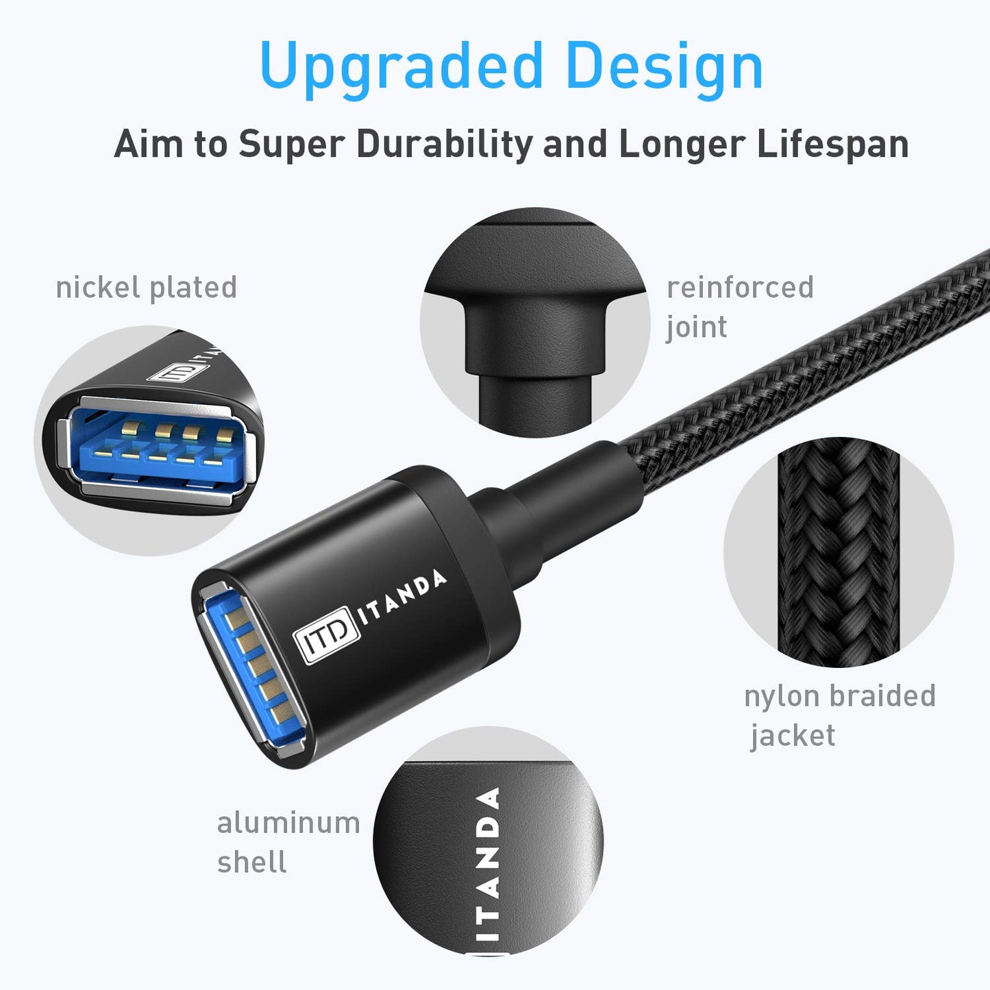 ITD ITANDA 10FT USB Extension Cable USB 3.0 Extension Cord Type A Male to Female 5Gbps Data Transfer for Keyboard, Mouse, PlayStation, Xbox, Flash Drive, Printer, Camera and More, Black