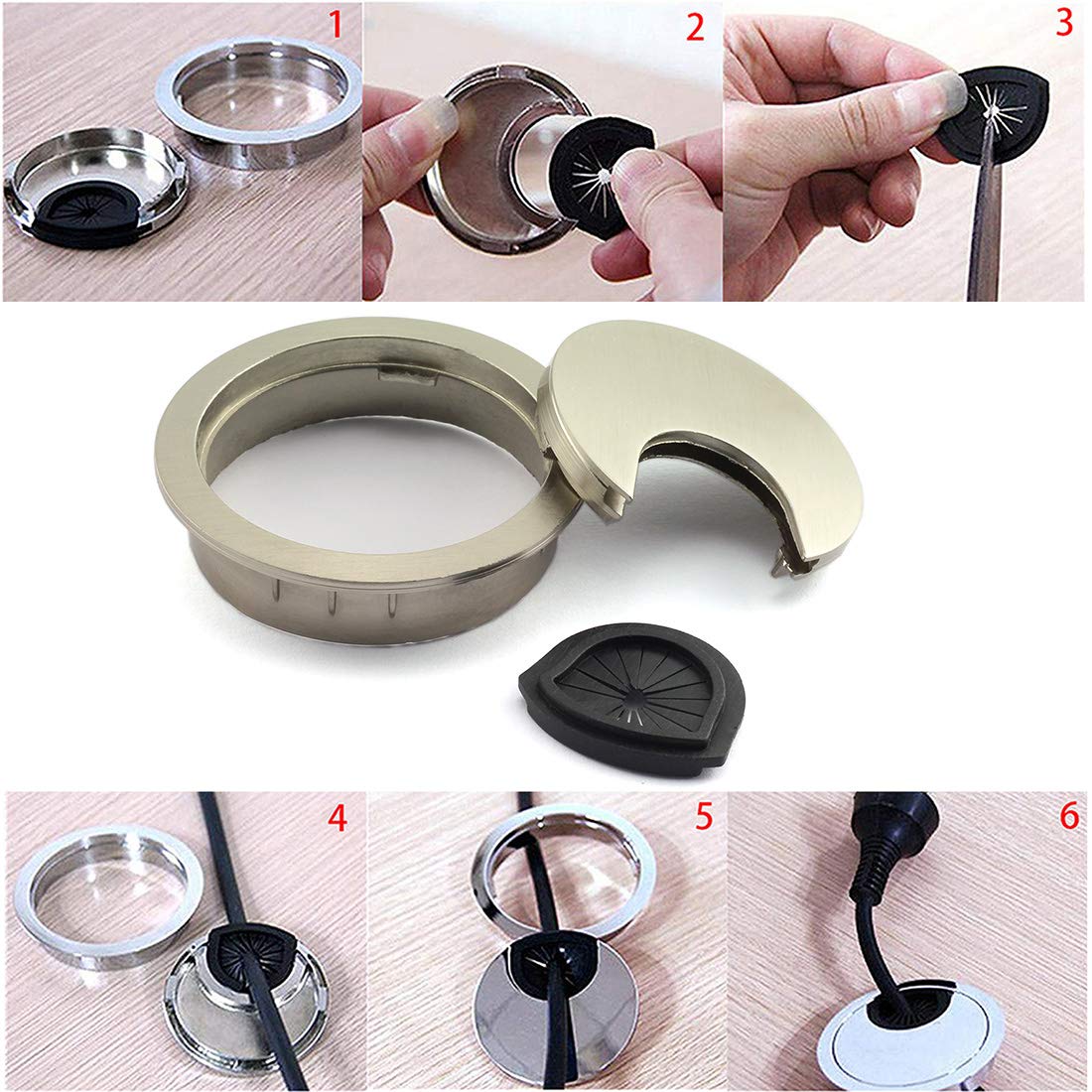 HJ Garden 1pcs 2 inch (50mm) Metal Desk Grommets for Managing and Hiding Wire Cord Cable Hole Cover Office PC Desk Cable Cord Organizer Zinc Alloy Cover Champagne
