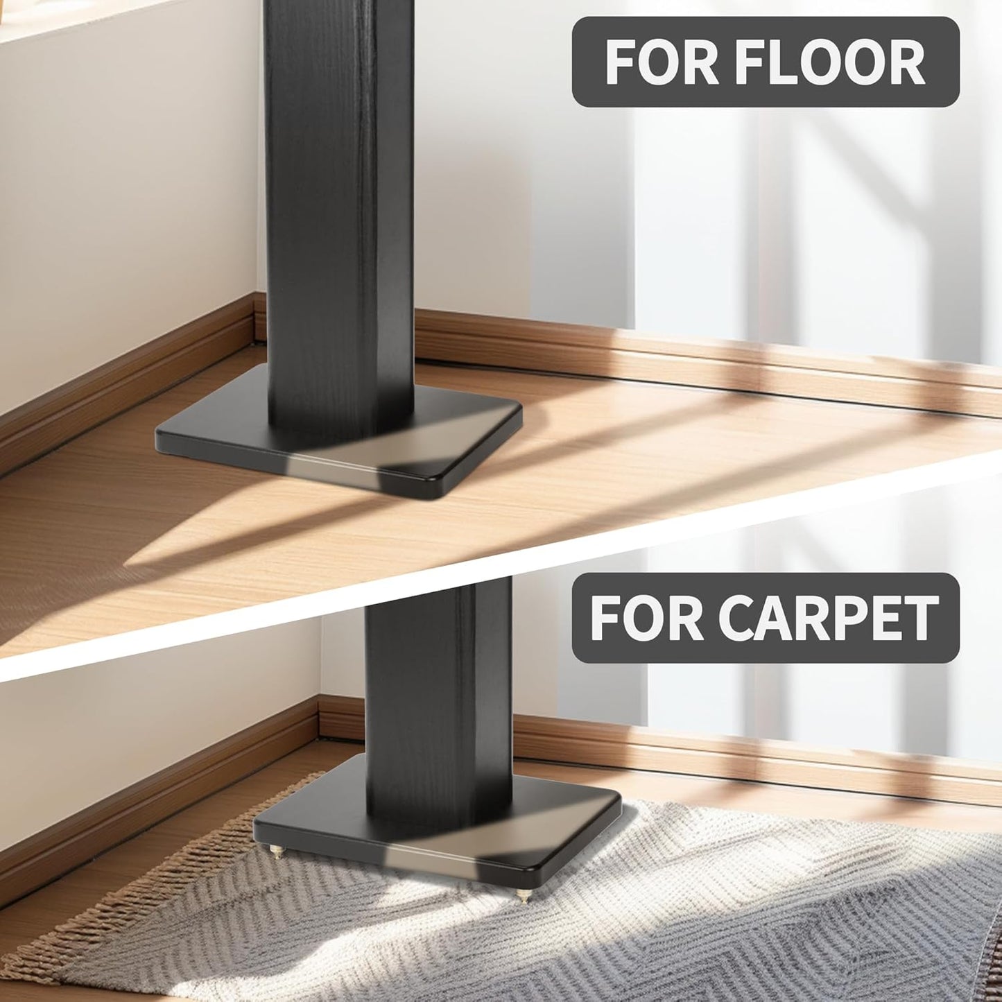 24 Inch Speaker Stands Wood Grain Universal Floor Speaker Stands Pair Heavy Duty Surround Sound Speaker Monitor Stand for Home Theater with Sand Filling Tuning Function - Black