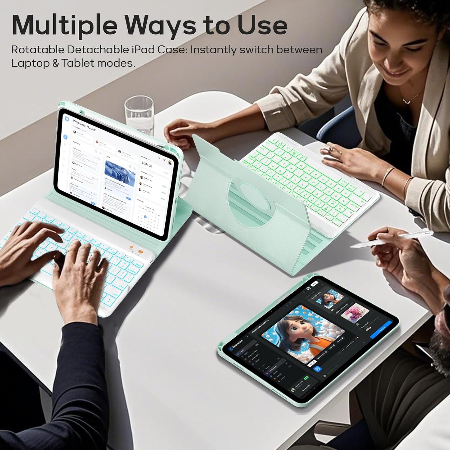 BLUTLOTUS Keyboard Case for 9th Generation for iPad 10.2'' 360° Rotatable Magnetic Keyboard Case with Pencil Holder Groove Design, 7 Color Backlit Wireless Detachable Keyboard(Mint Green)