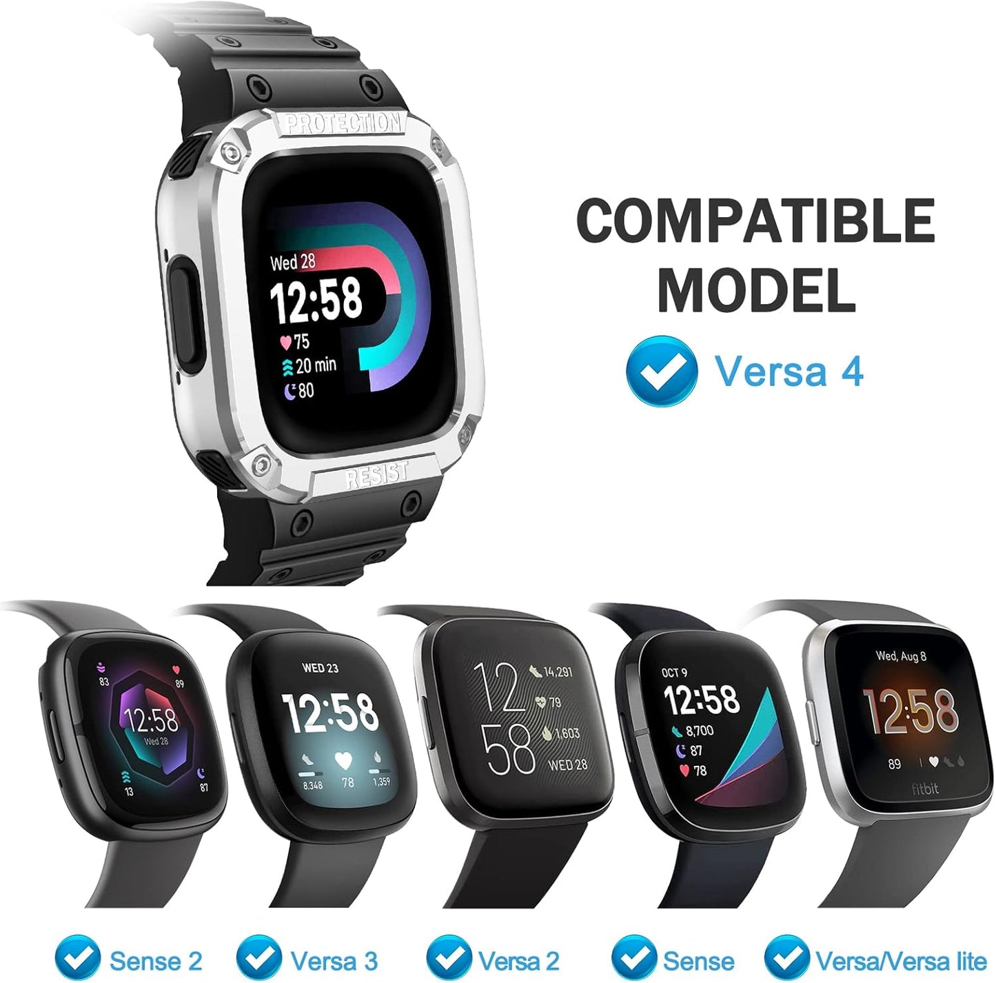 FINTIE Bands with Case Compatible with Fitbit Versa 4/3/2/1/Versa Lite/Fitbit Sense 2/Sense, Protective Case Strap Rugged Sport Band Men, Black/Silver