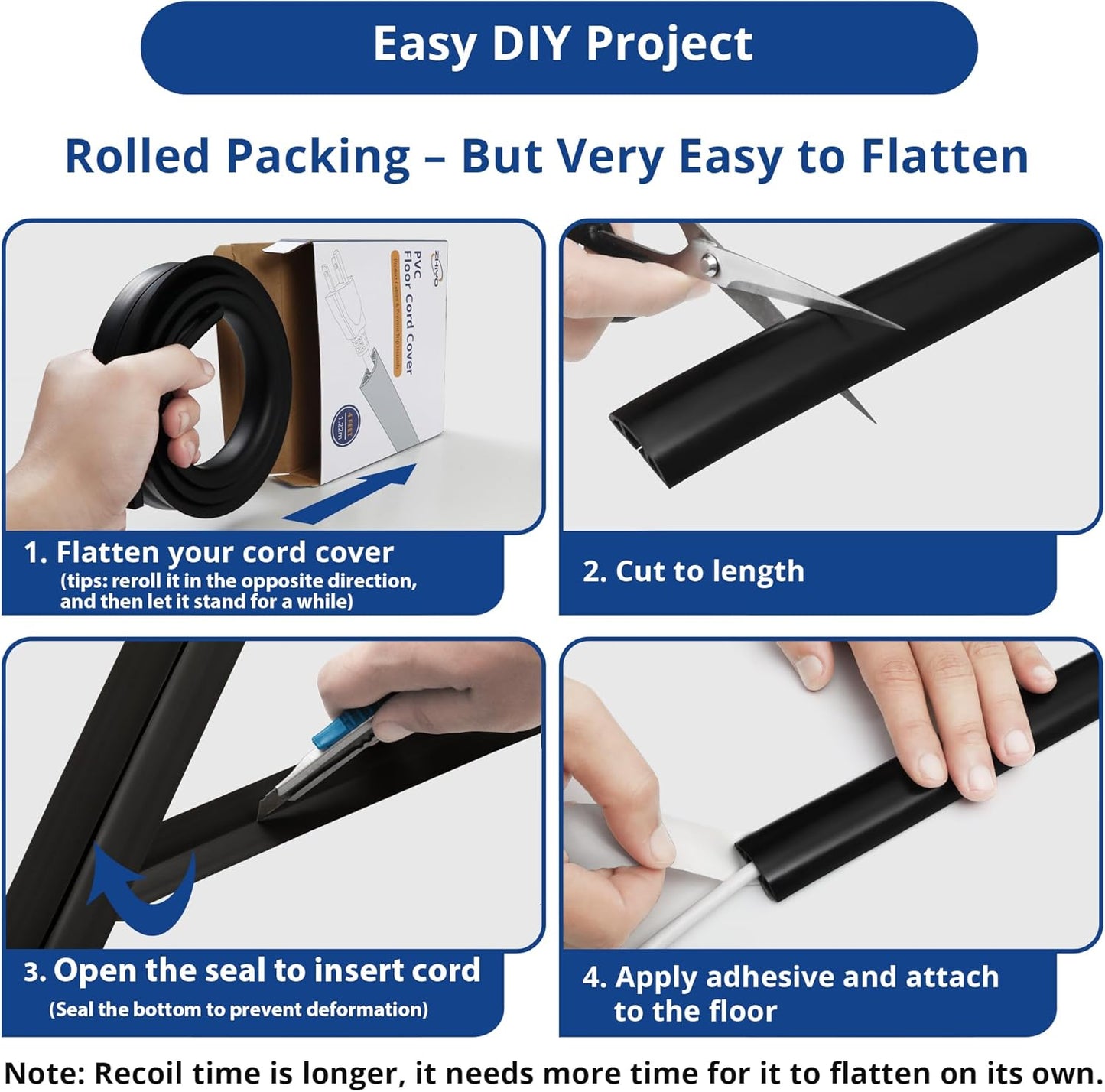 Floor Cord Cover 10ft, Cord Hider Floor Black, Floor Cable Management Prevent Cable Trips, Floor Cable Cover Wire Covers for Electric Power Cords, Cord Protector Cord Cavity W0.47in x H0.28in