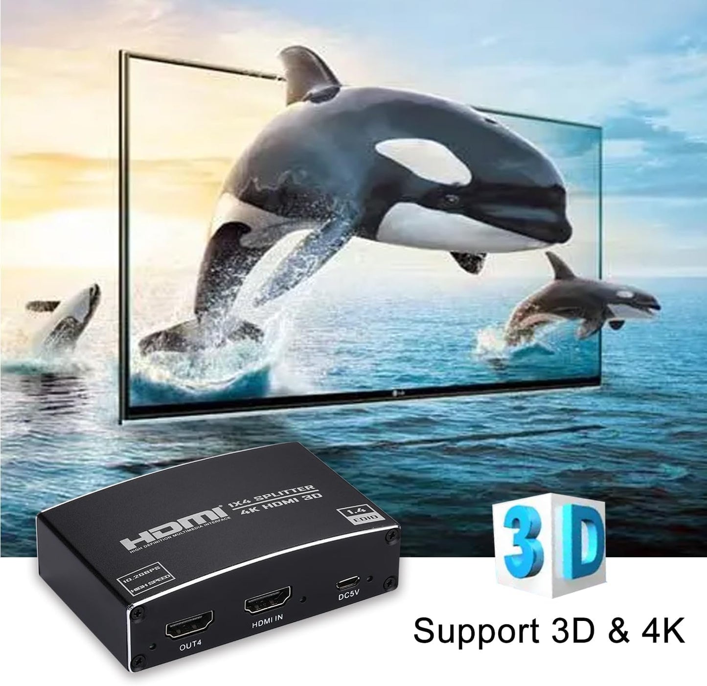 HDMI Splitter 1 in 4 Out, 1x4 HDMI Splitter Audio Video Distributor Box Support 3D & 4K x 2K Compatible for HDTV, STB, DVD, PS3, Projector Etc