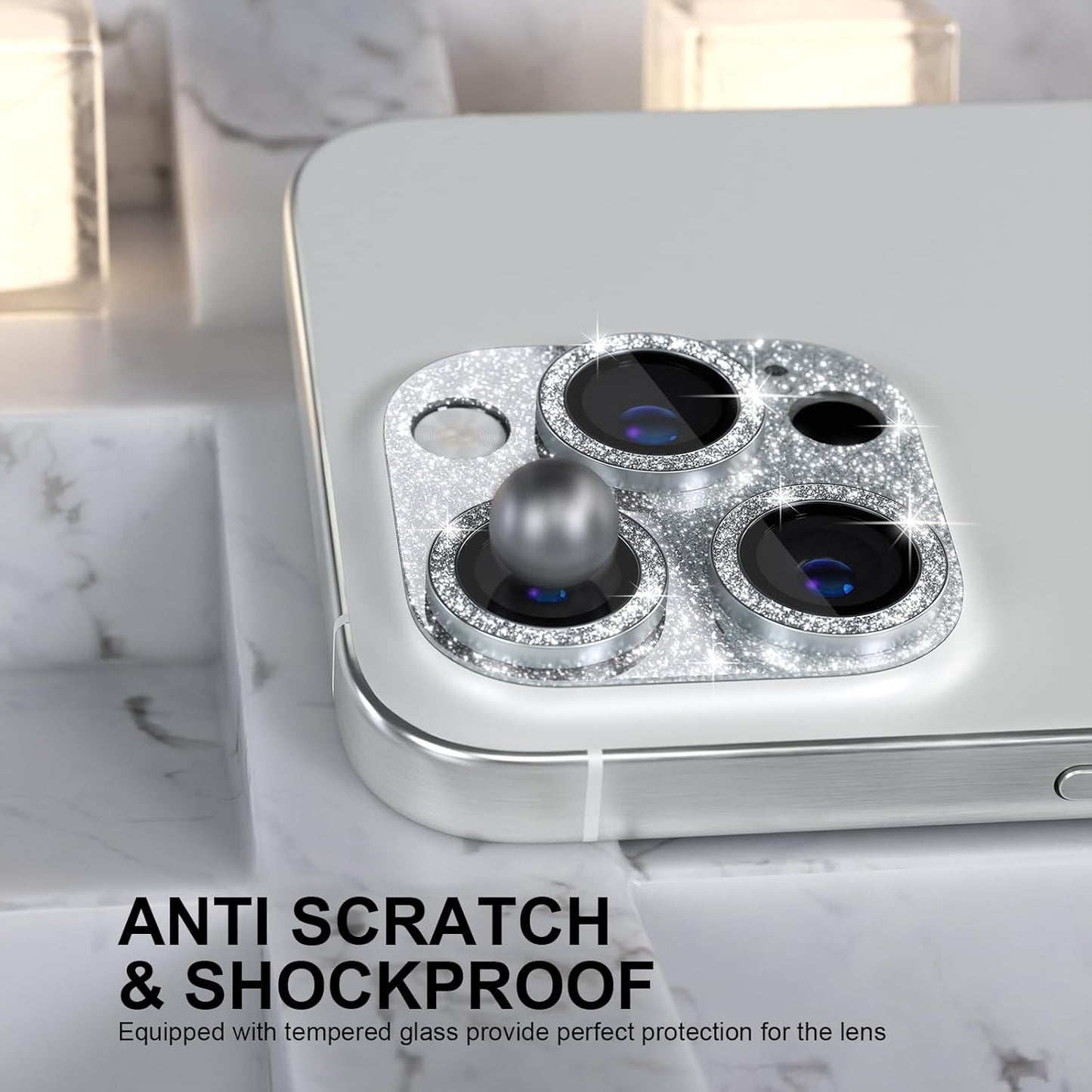 Choiche Compatible for iPhone 16 Pro/iPhone 16 Pro Max Camera Lens Protector, Bling Camera Cover with 9H Tempered Glass Lens Screen Protector Metal Ring Decoration Accessories (Glitter-Silver)