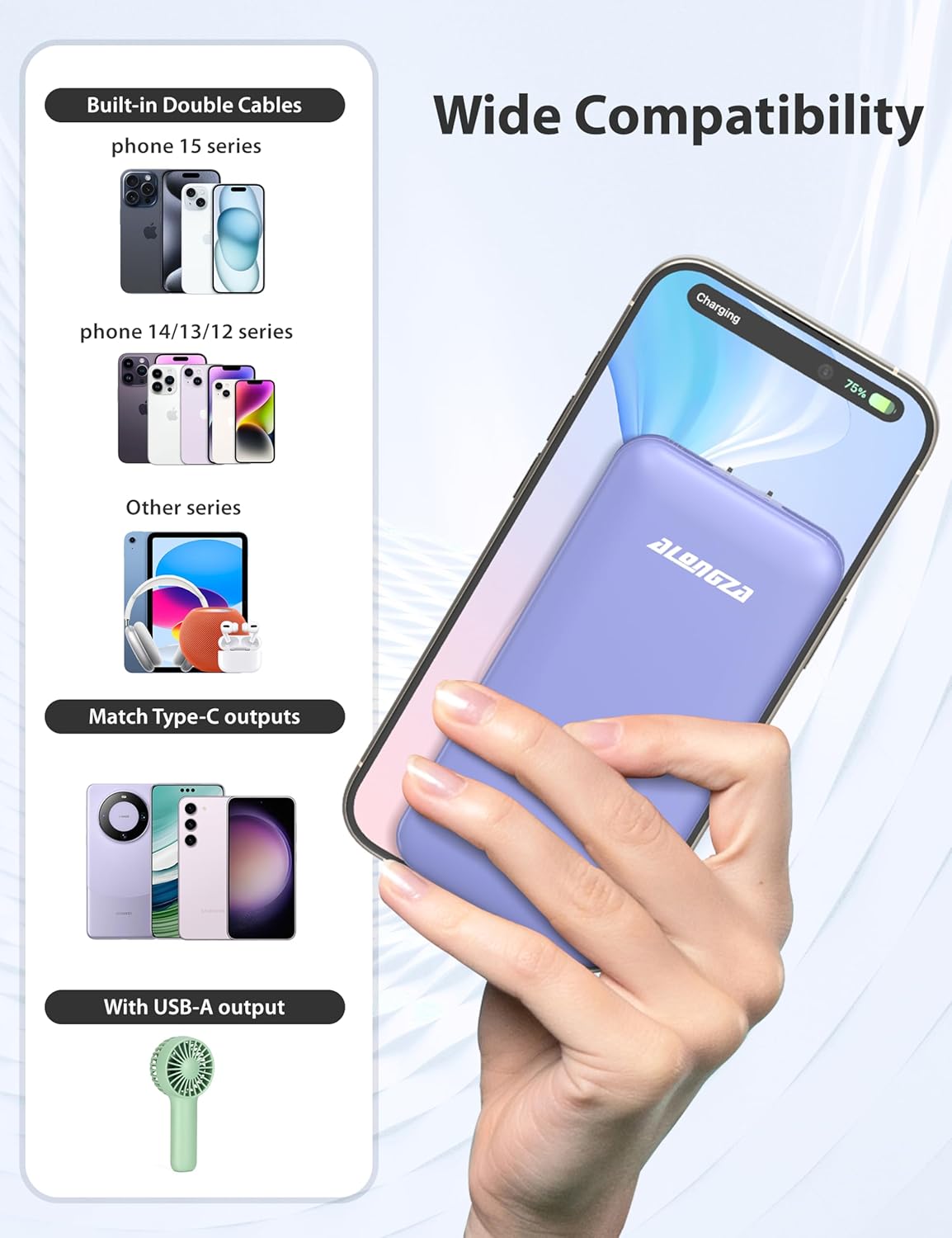 Alongza Portable Charger Built-in Cables and AC Wall Plug, Slim Fast Charging Power Bank 10000mAh, Lightweight USB C External Battery Pack Compact Travel Cell Phone Charger