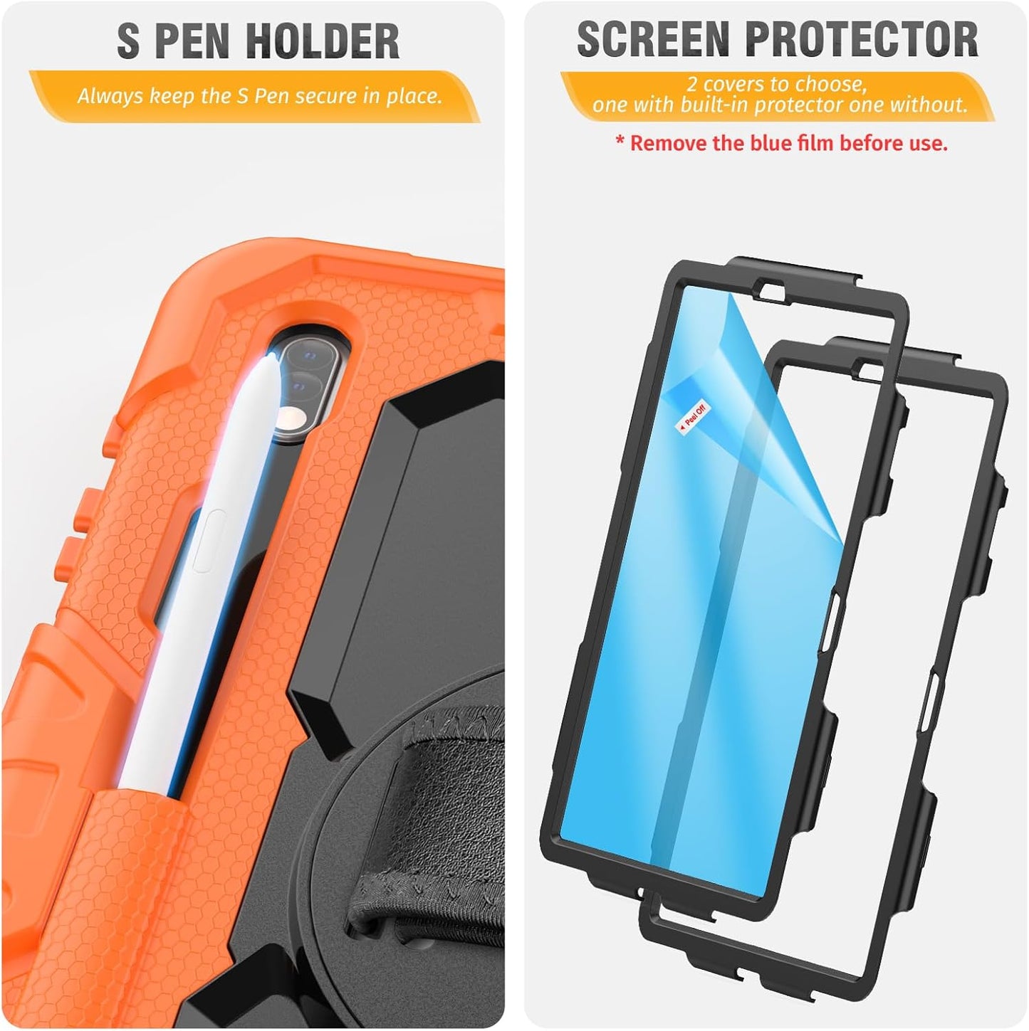 HXCASEAC Case for Samsung Galaxy Tab S7 FE 5G 12.4 inch, Protective with Screen Protector/Hand Strap/S Pen Holder, Heavy Duty Design for Samsung Galaxy S7 FE Tablet Case - Orange
