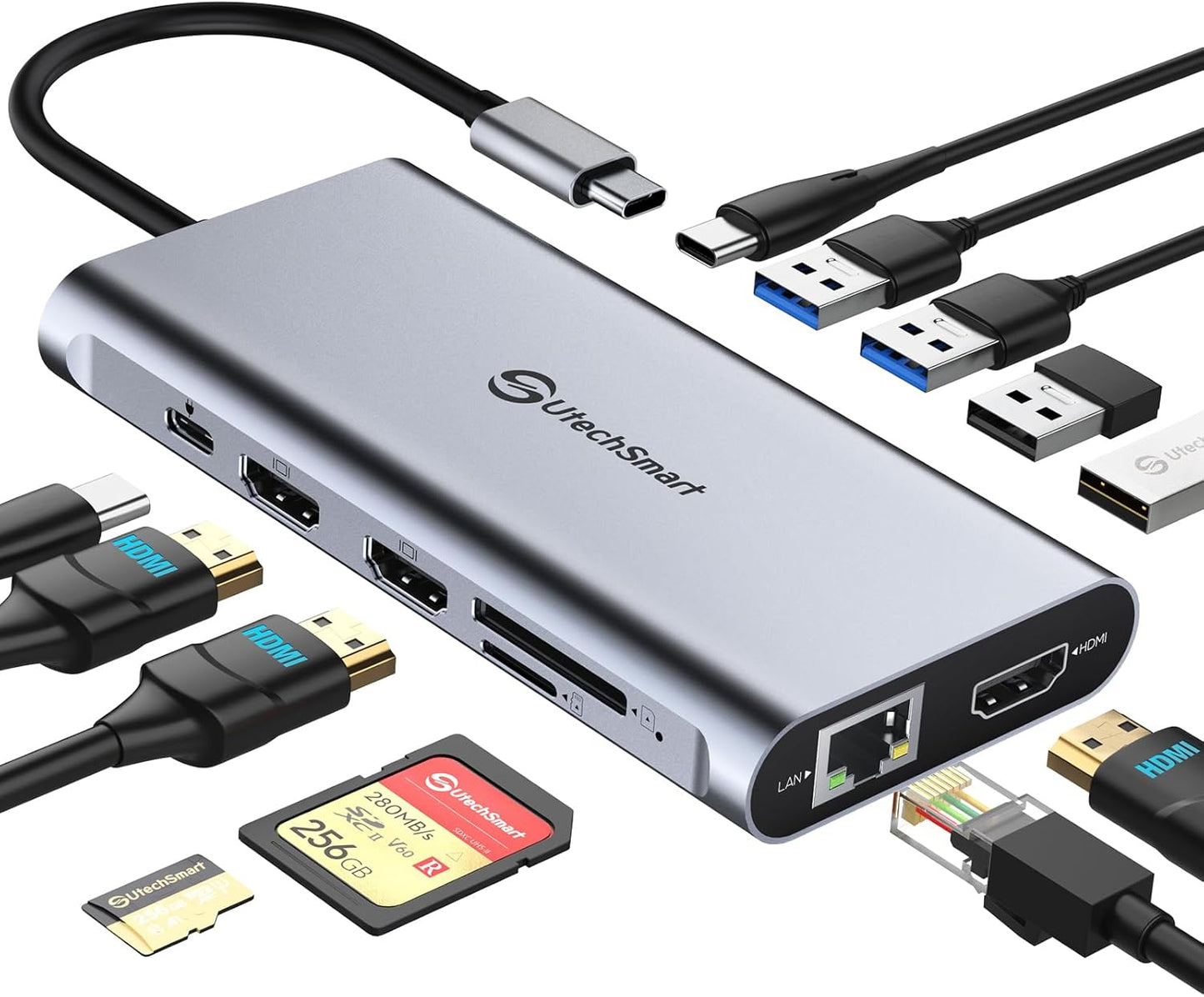 UtechSmart USB C Hub, 3 HDMI Docking Station Triple Display 12 in 1 USB C Laptop Adapter with 4K HDMI PD3.0 SD TF Card Reader Gigabit Ethernet for MacBook Pro/Air/M1/M2 & Windows
