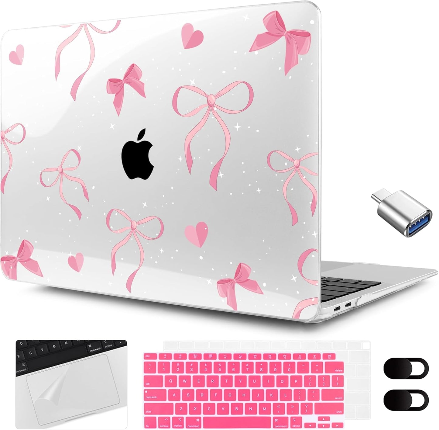 MEEgoodo for MacBook Air 13.3 inch Case 2021 2020 2019 2018 A2337 M1 A2179 A1932, Laptop Shell for MacBook Air M1 with Keyboard Webcam Cover & Trackpad Film & Type C Adapter,Pink Ribbons Bows