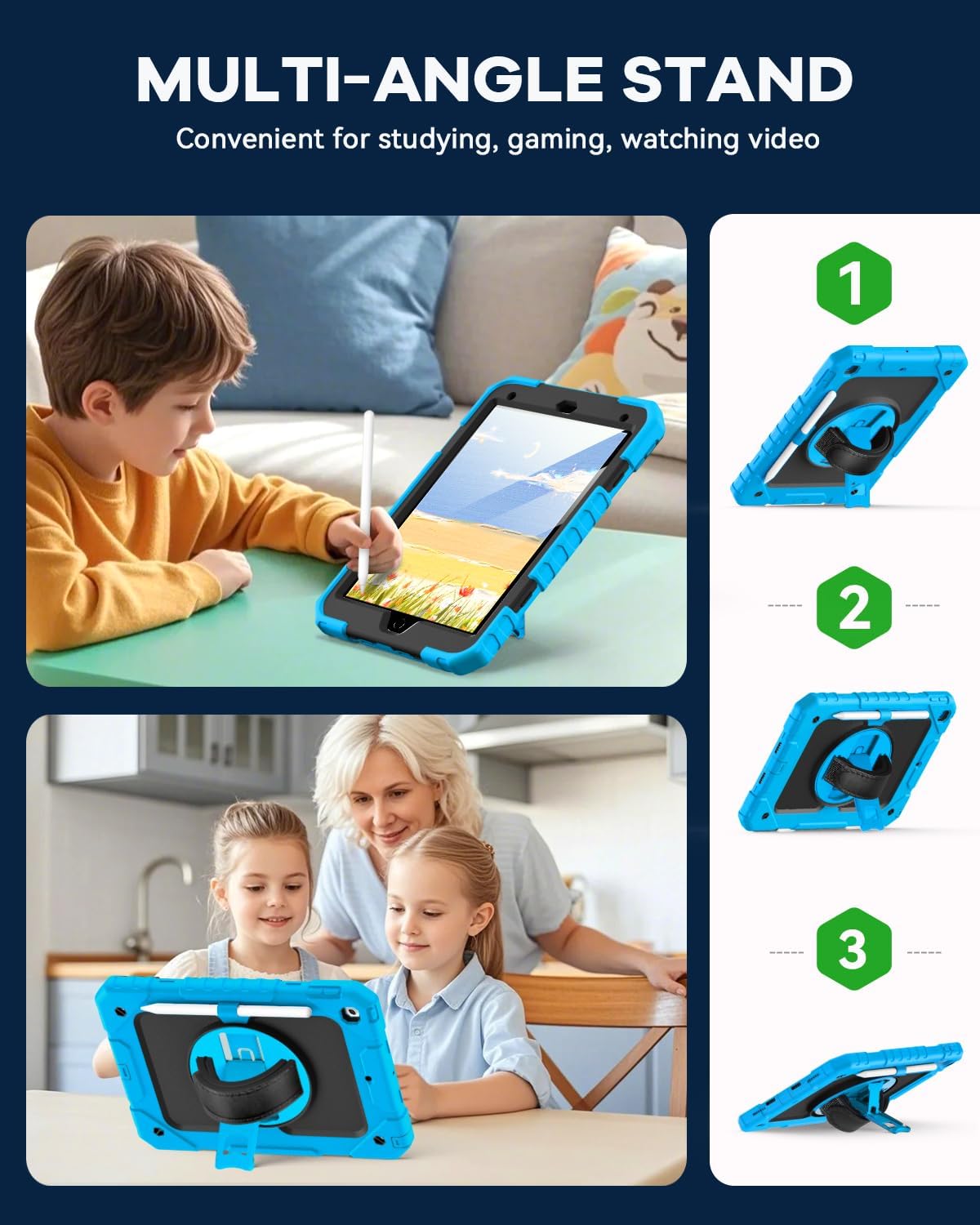 Cantis Case for iPad 9th/8th/7th Generation with Screen Protector, iPad 10.2 Case 2021/2020/2019 with 360 Degree Rotating Stand/Shoulder Strap/Pencil Holder, Blue