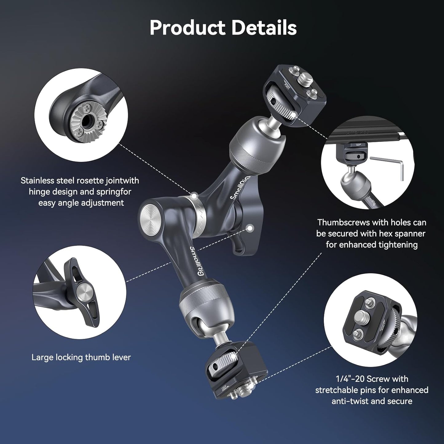 SMALLRIG 7" Rosette Magic Arm, Camera Monitor Mount, Articulating Arm with 1/4"-20 Screws and Anti-Twist Pins, Max Load Capacity 3.5kg Friction Arm, for Cameras, Monitors, LED Lights and Phones