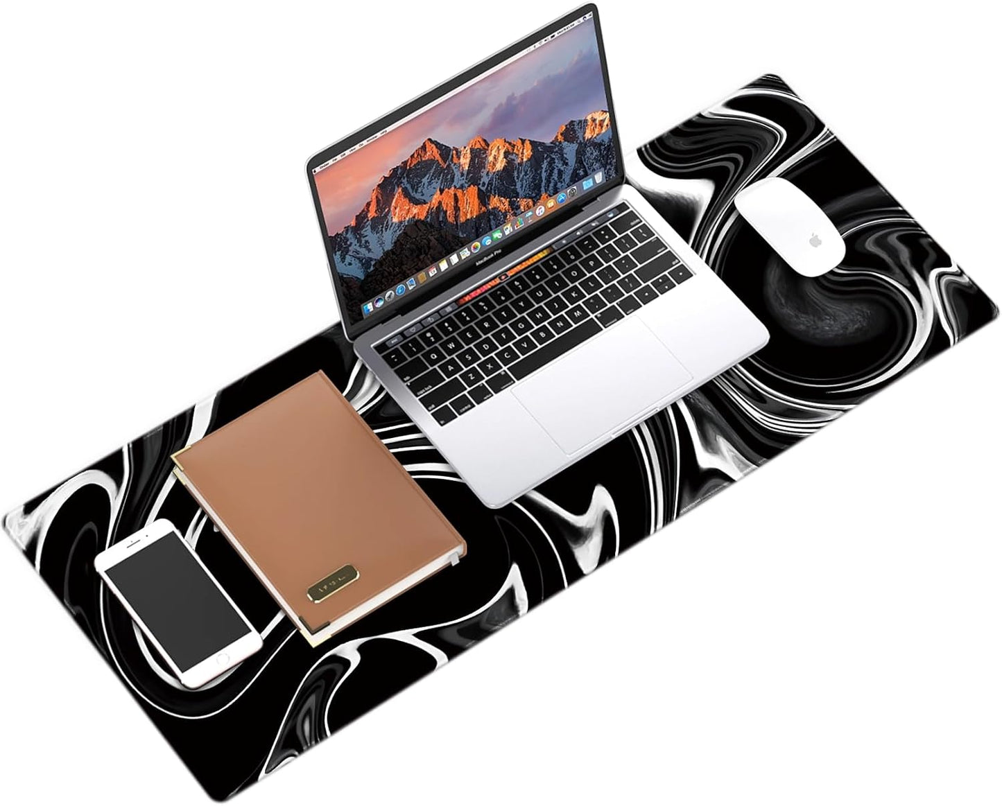 Gaming Mouse Mat Forest Background Pattern XXL XL Large Mouse Mat Long Extended Mouse Pad Desk Mat Non-Slip Rubber Mice Pads Stitched Edges Thin Pad (Wave Black)