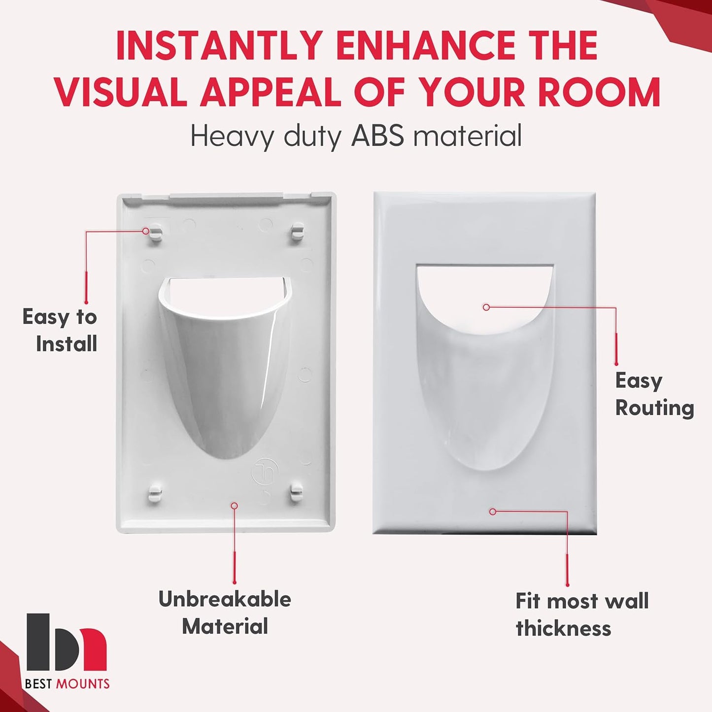 BestMounts - 1 Pack In Wall Cable Management 1-Gang Recessed Snap-ON Low Voltage Cable Plate with Mounting Bracket ETL Listed (White, Inner nose)