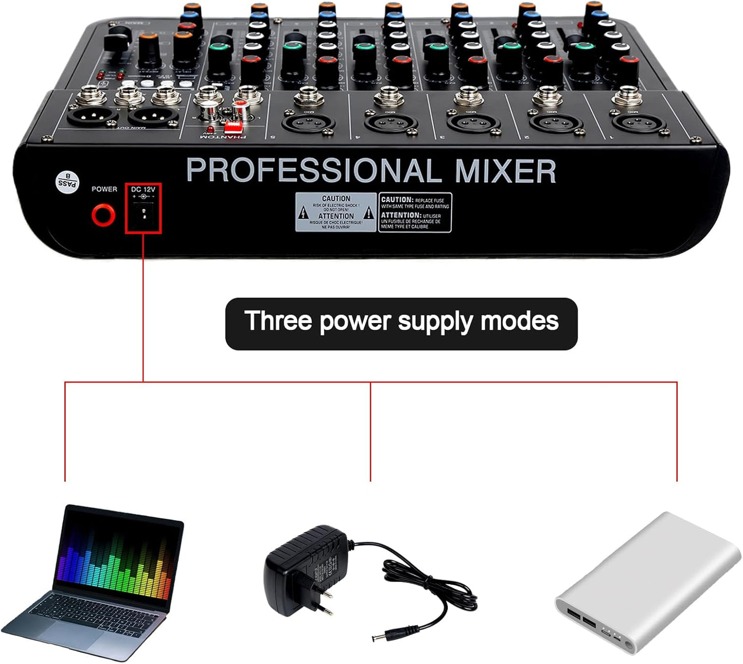 7 Channel mixer, DJ Mixer Board with Bluetooth and Usb, Audio Sound Card with Interface Recording and 48V Phantom Power, Sounds Mixer Board with FX Reverb Delay Effect for Streaming