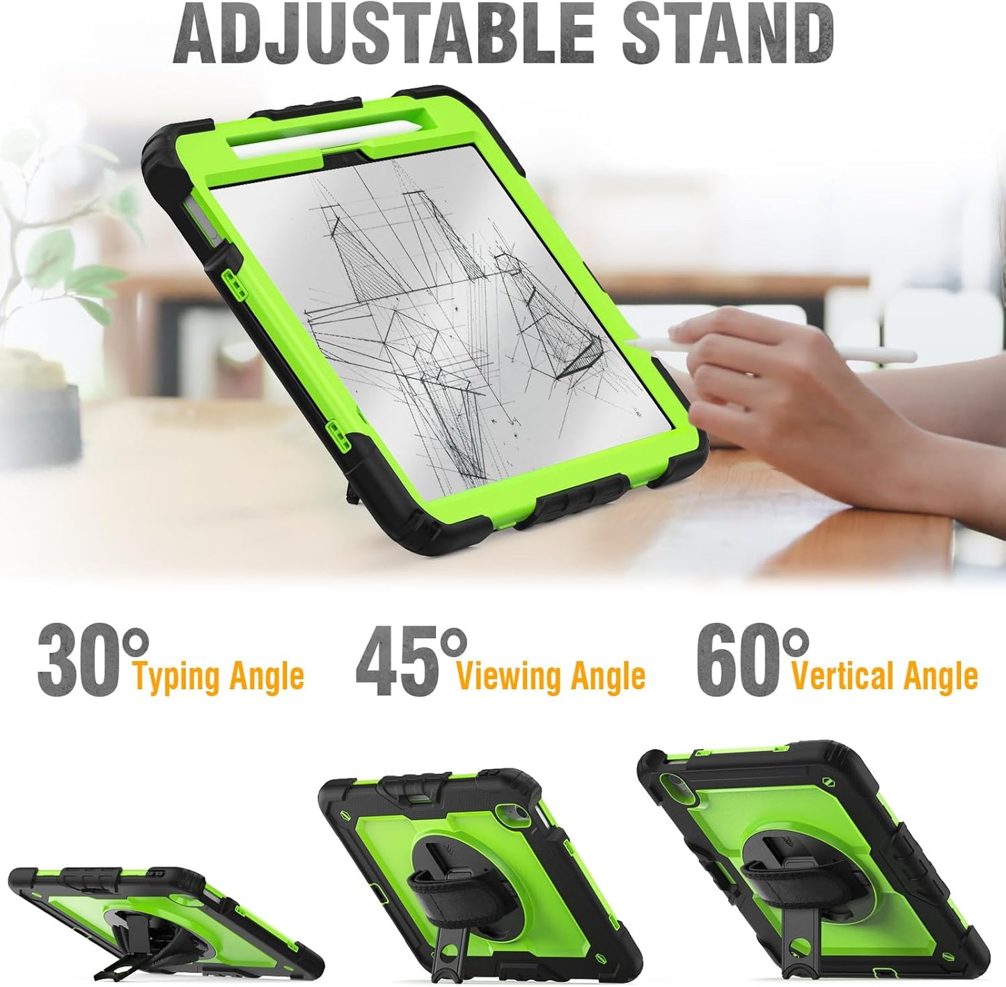 HXCASEAC Case for iPad Air 11 inch (2025 M3 / 2024 M2), Shockproof Design with Pencil Holder/Screen Protector/Rotating Hand Strap, Protective Cover for iPad Air 7th/6th Generation - Green